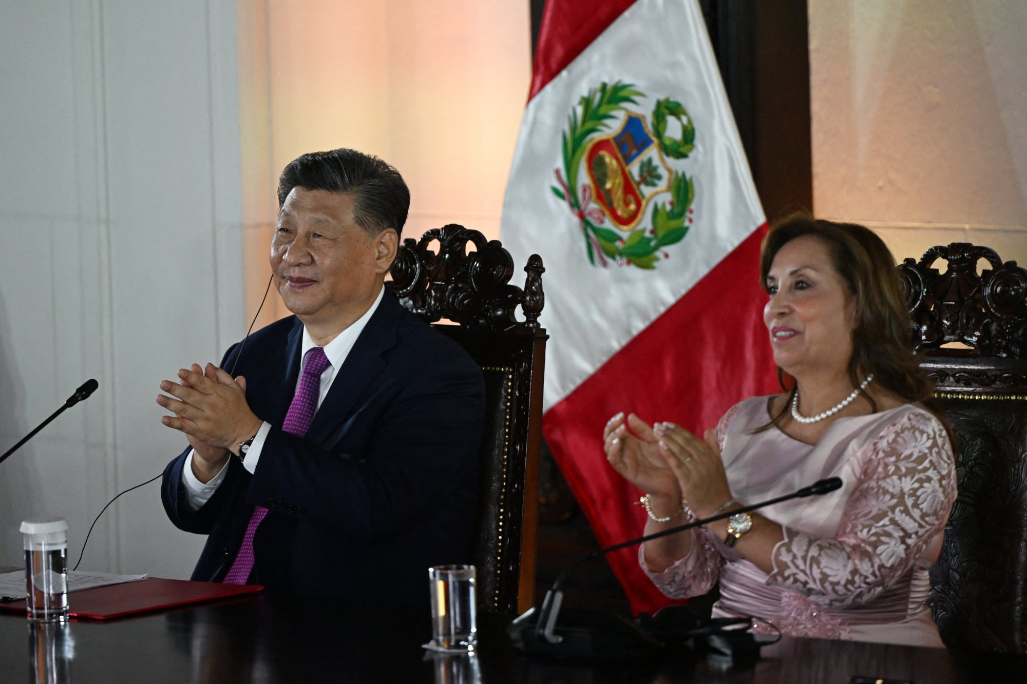 Chinese leader Xi Jinping and Peruvian President Dina Boluarte attend a virtual inauguration ceremony from the government palace in Lima on November 14 as the Chancay port is opened. Photo: AFP