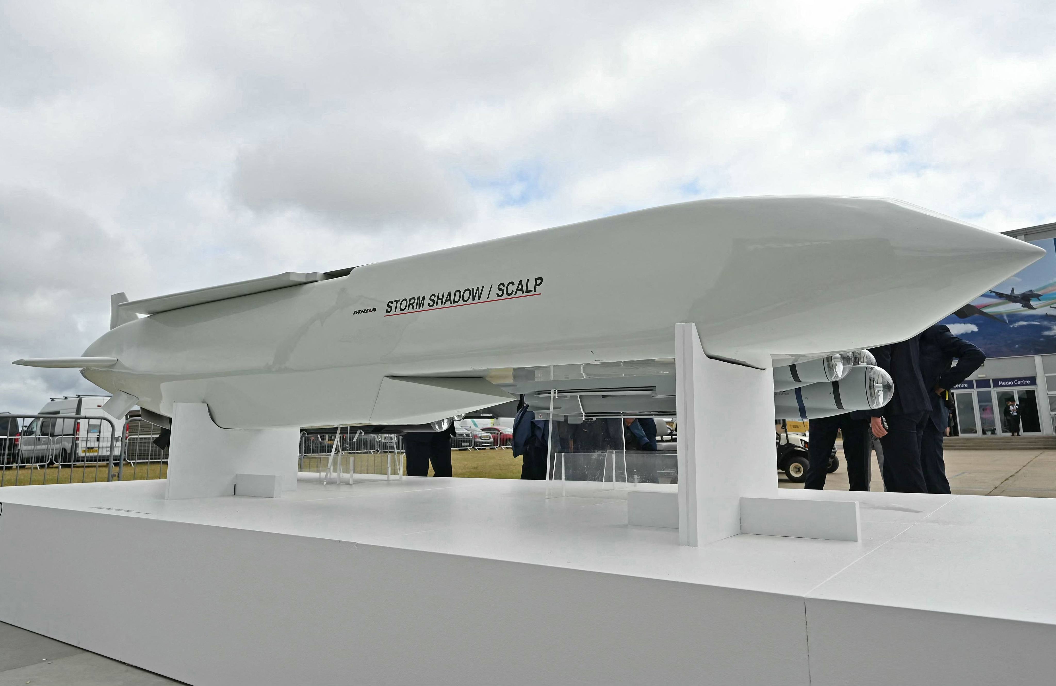 A Storm Shadow cruise missile is displayed on the opening day of the Farnborough International Airshow in the UK in July. Photo: AFP