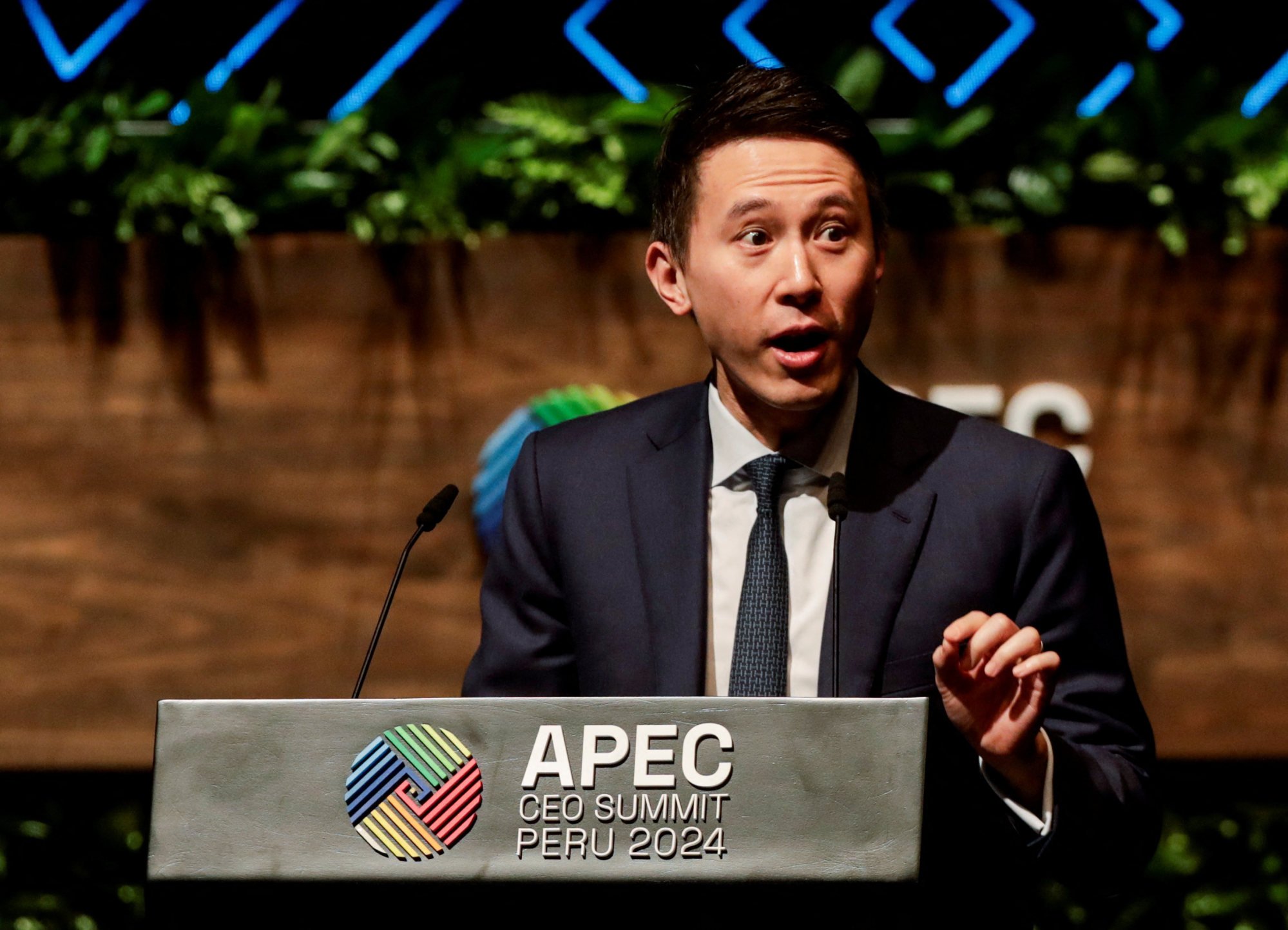 TikTok’s CEO Chew Shou Zi speaks on the sidelines of the Asia-Pacific Economic Cooperation summit in Lima, Peru, on November 15. The company, owned by Chinese firm ByteDance, faces a ban in the US. Photo: Reuters