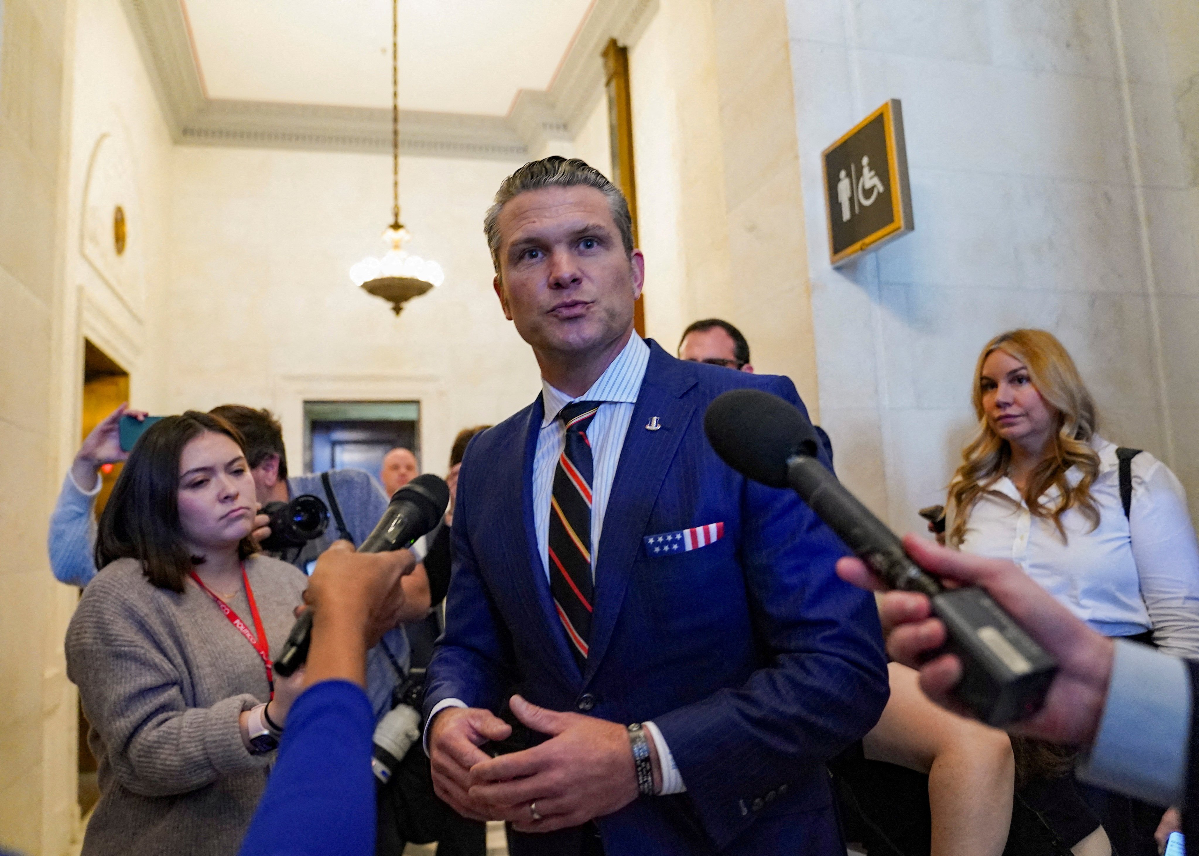 Defence secretary nominee Pete Hegseth speaks with the media in Washington. Photo: Reuters