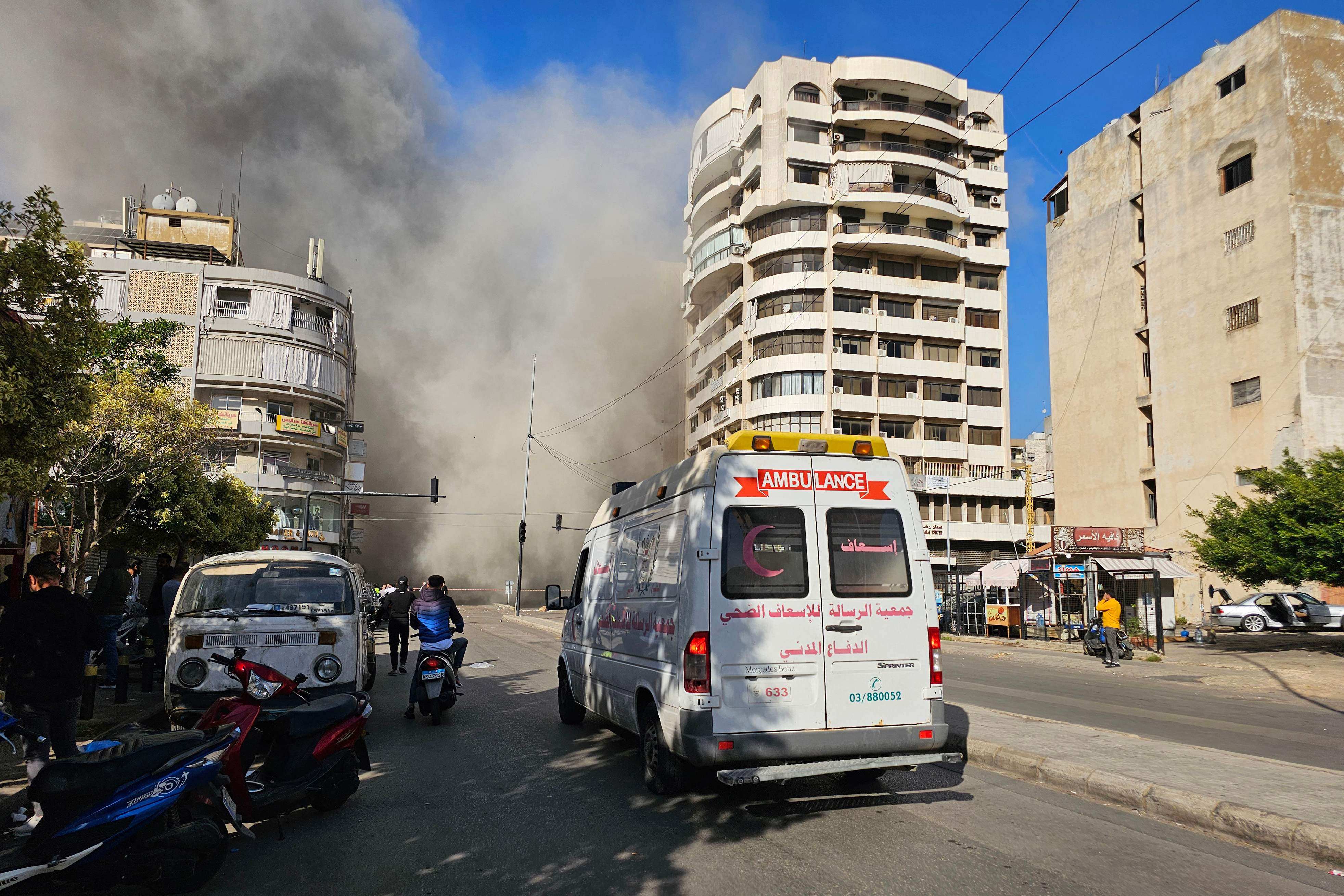 An ambulance at the site of an Israeli airstrike in Beirut on Friday, amid the ongoing war between Israel and Hezbollah. Photo: AFP