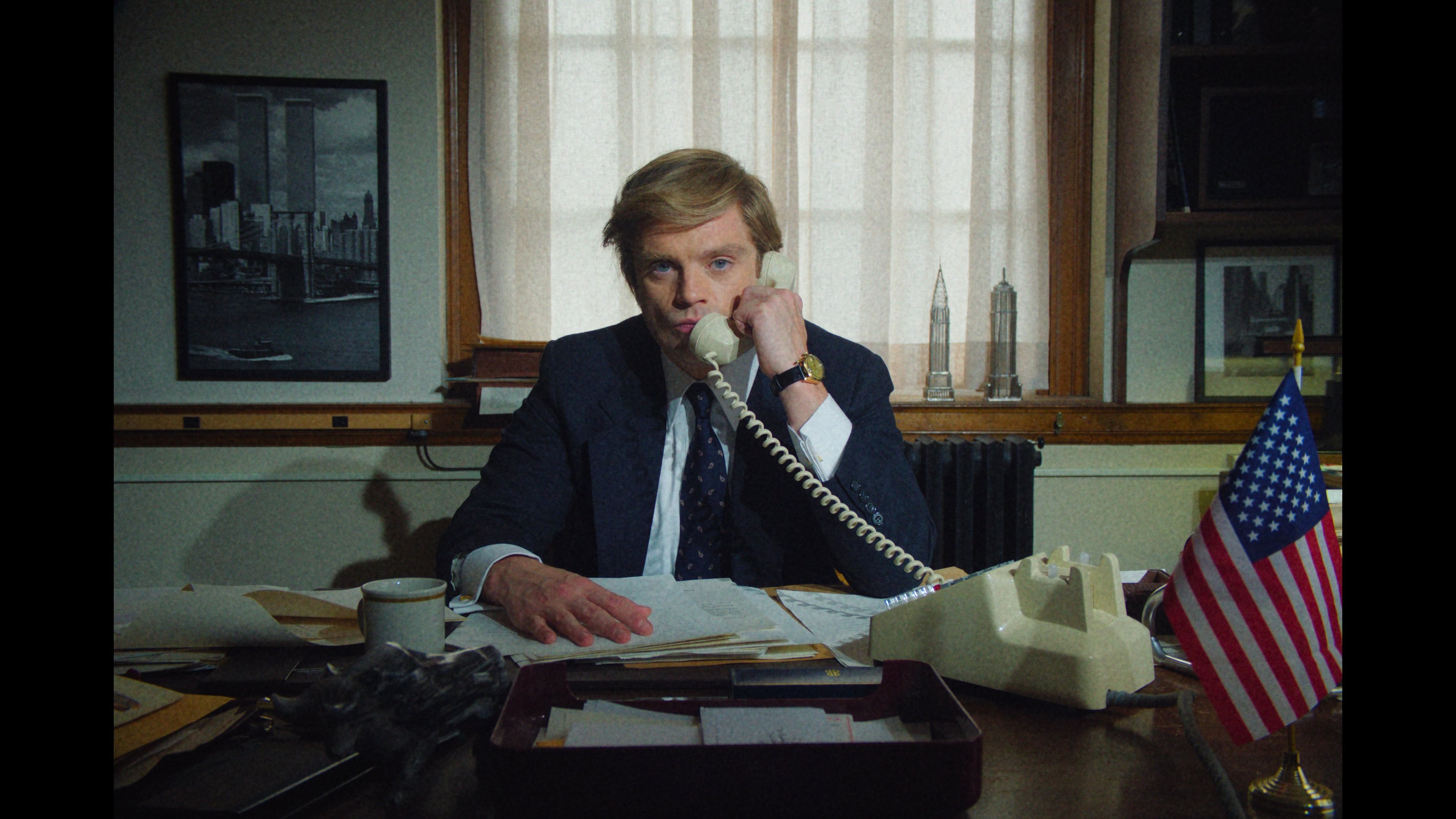 Sebastian Stan in a still from The Apprentice. The film also features Martin Donovan as 
Donald Trump’s father, Charlie Carrick as older brother Fred Jnr, Maria Bakalova as Trump’s first wife Ivana, and Jeremy Strong as mentor Roy Cohn.