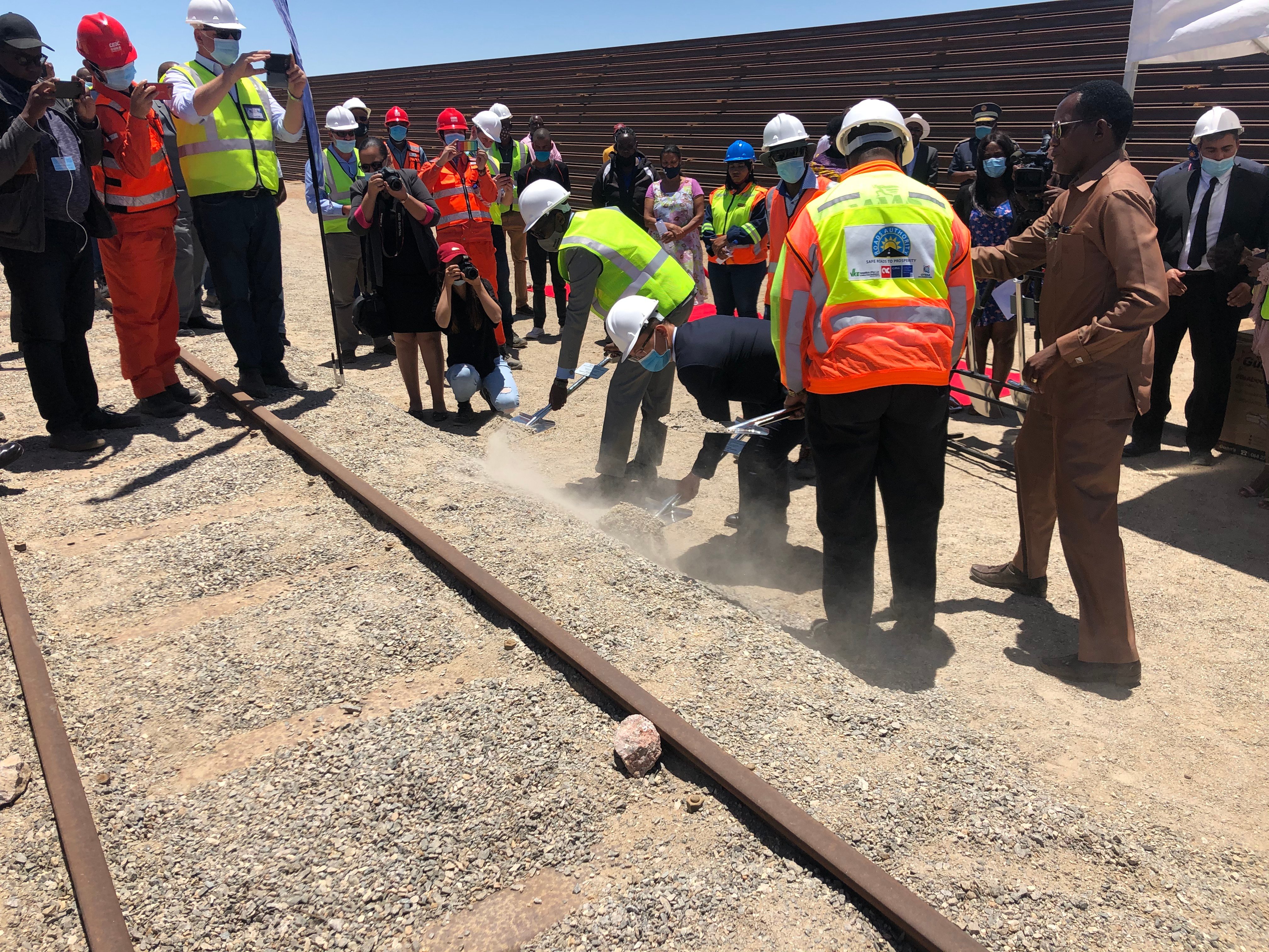 Namibian officials and representatives of a Chinese company break ground for a railway upgrade project in western Namibia in November 2020. Photo: Xinhua