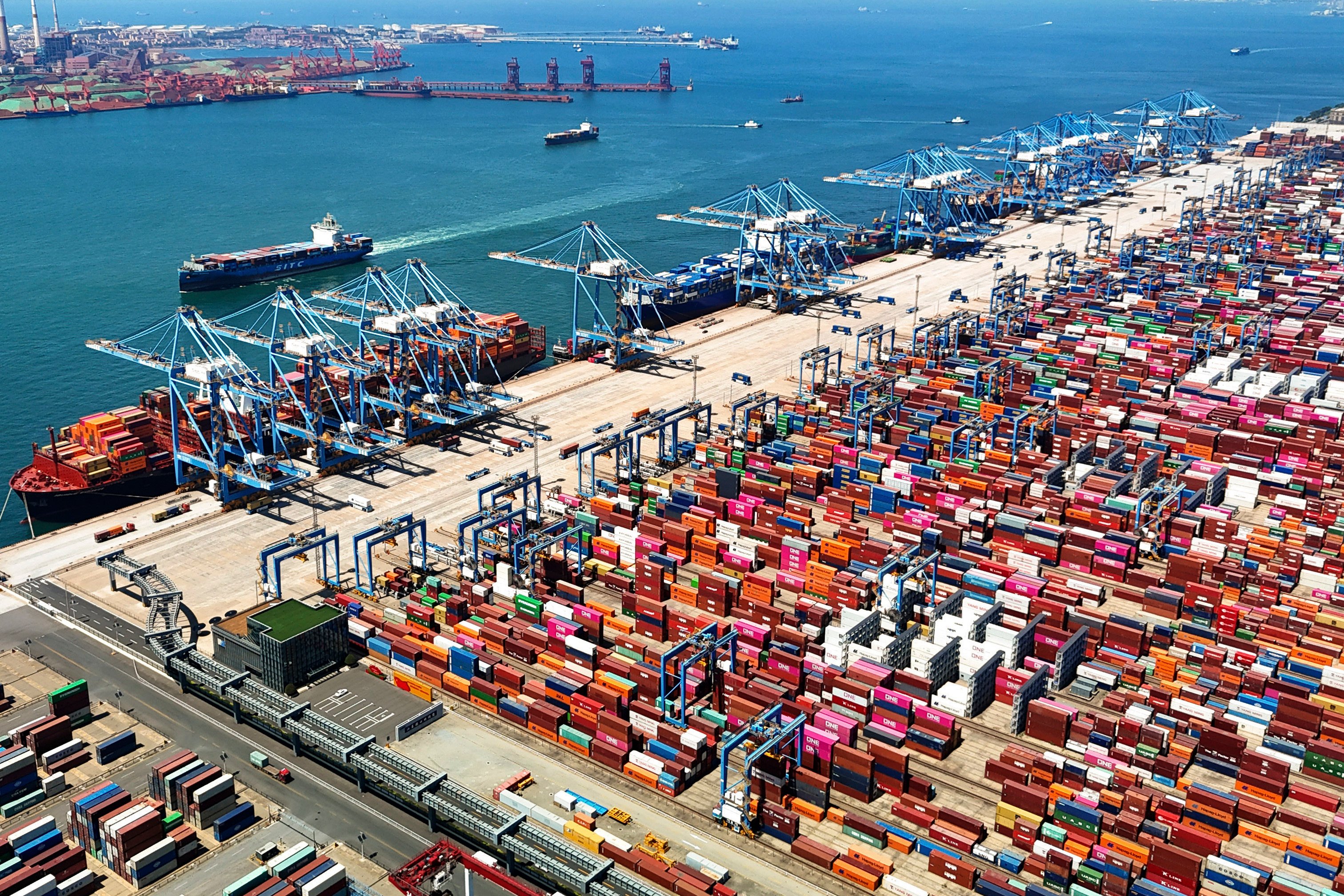 An aerial view of a container port in Qingdao in east China’s Shandong province on June 6, 2024. Photo: AP