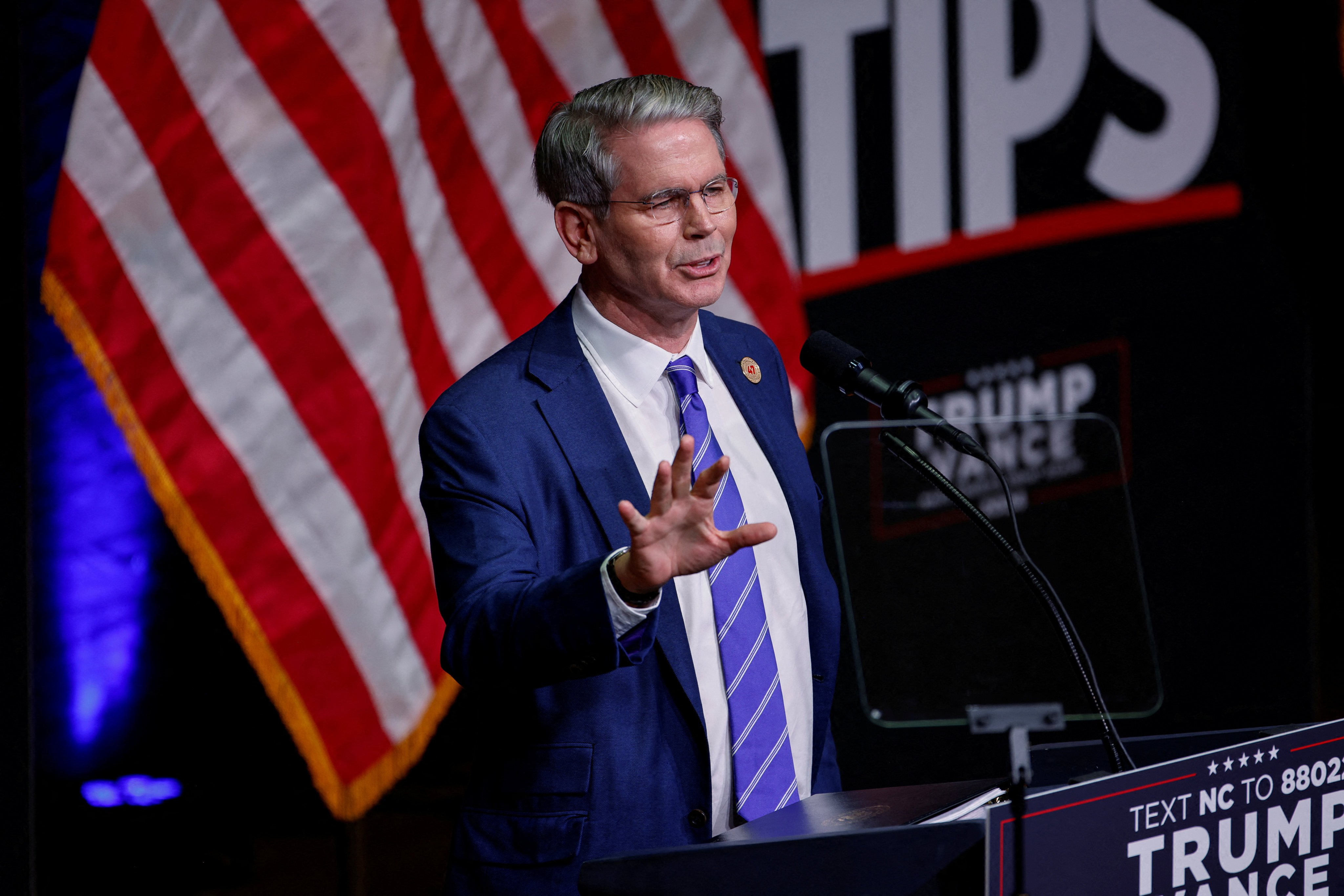 Key Square Group founder Scott Bessent speaks at a campaign event for Donald Trump Asheville, North Carolina, in August. Photo: Reuters