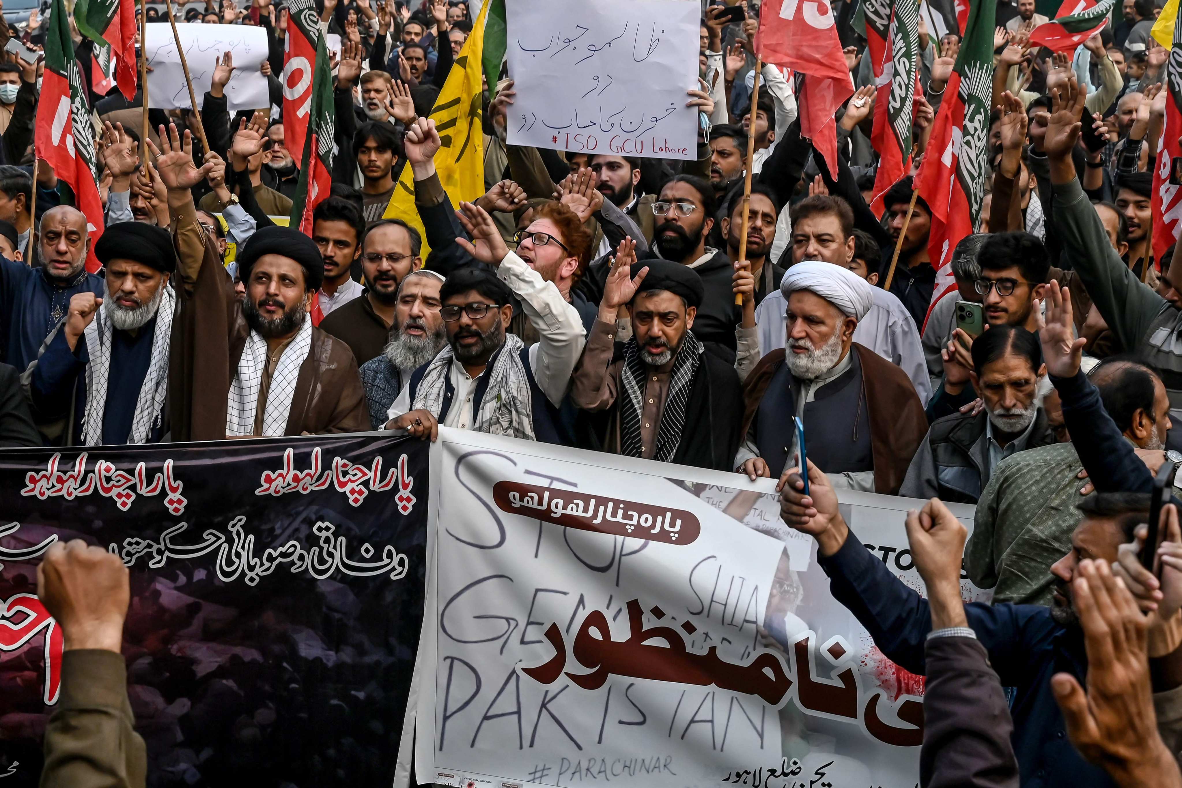 Shiite Muslims during a protest march against the sectarian attacks in Kurram district in Parachinar, the mountainous Khyber Pakhtunkhwa province, in Lahore on Friday. Photo: AFP