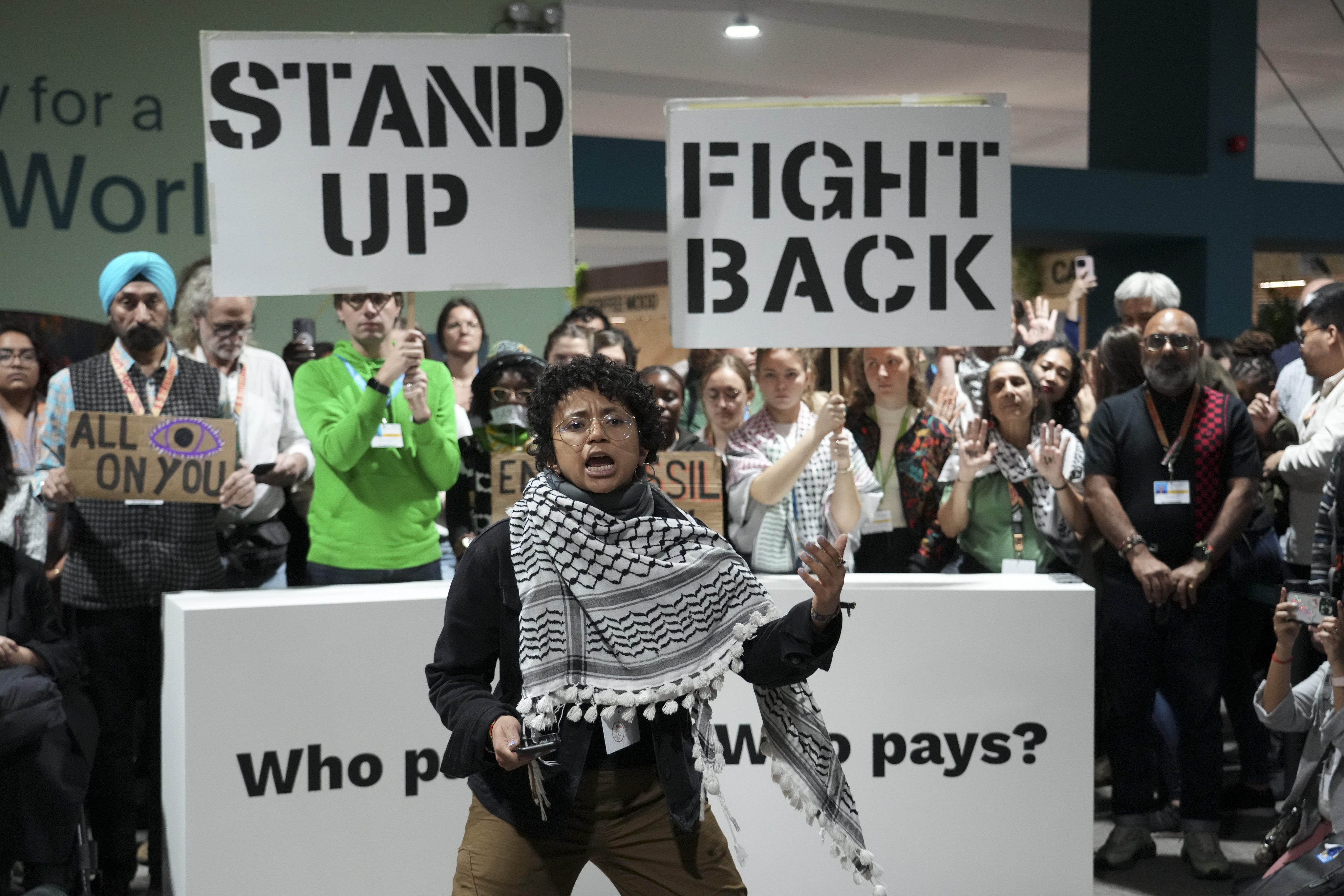 Activist Gina Marcela Cortes Valderrama, center, participates in a demonstration for climate finance at the Cop29 UN Climate Summit on Saturday in Baku, Azerbaijan. Photo: AP