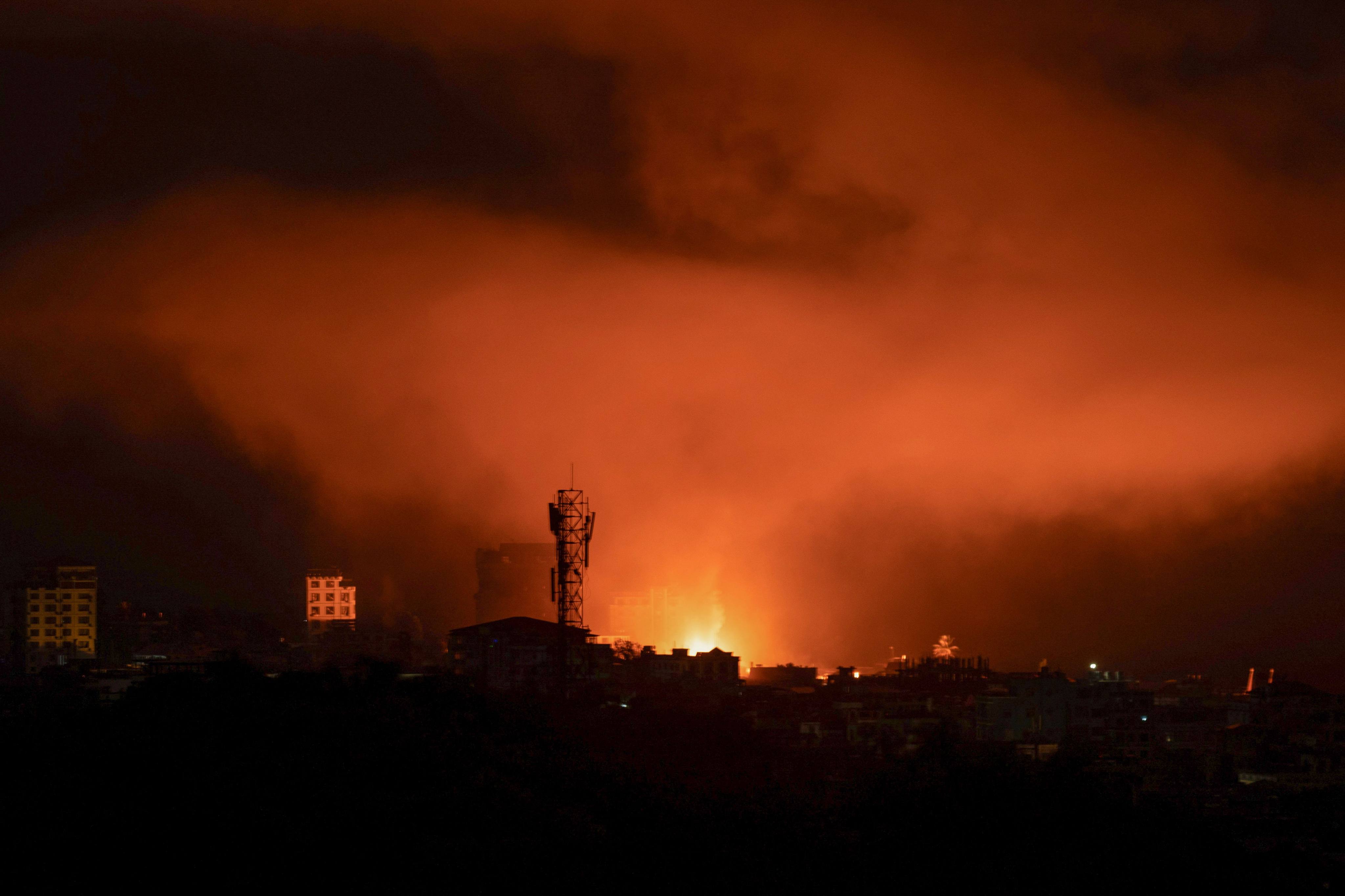 An explosion occurs during a bombardment carried out by Myanmar’s military in Shan state’s Lashio on September 24. Photo: AFP