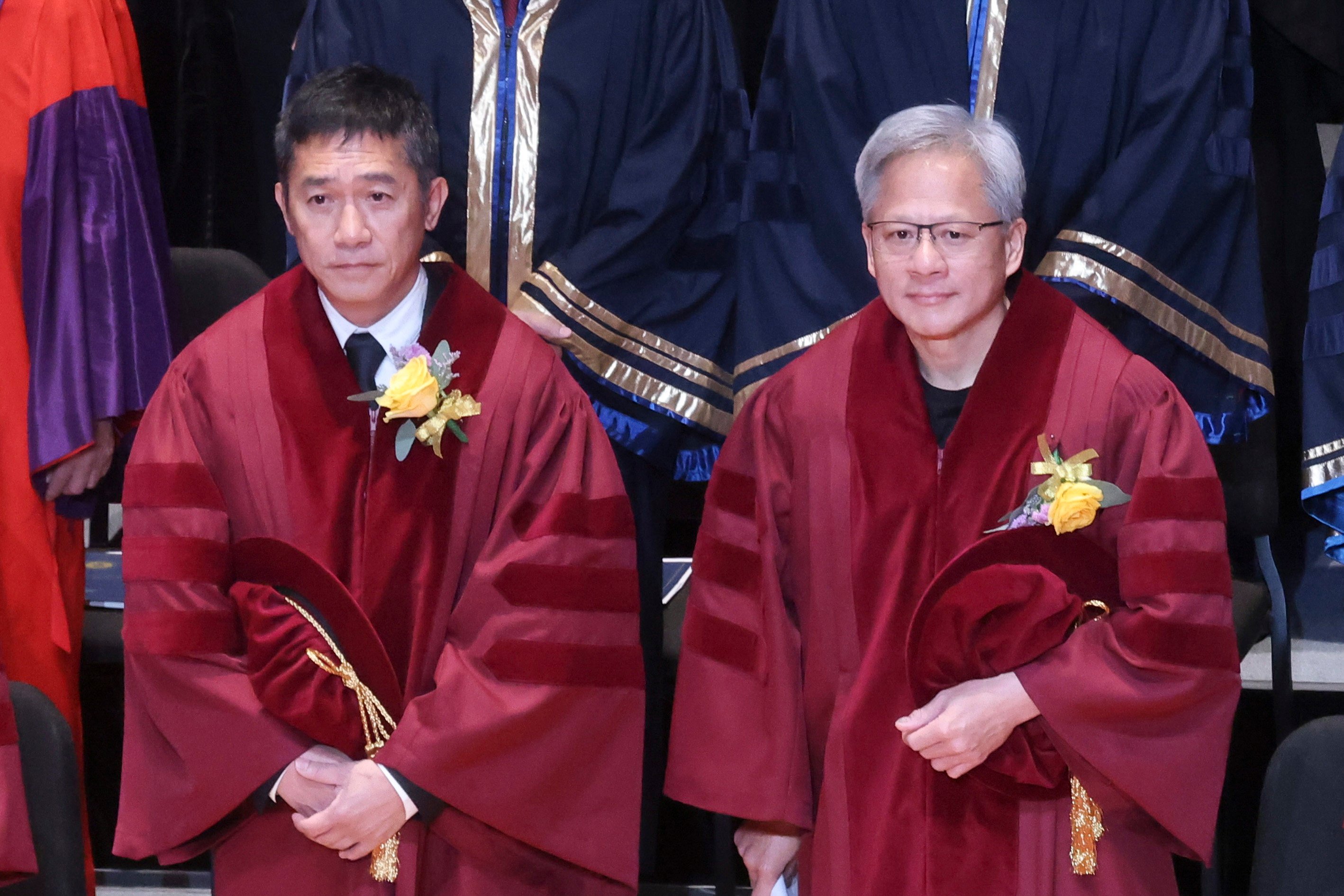 Hong Kong actor Tony Leung (left) and Nvidia CEO Jensen Huang received their honorary doctorates at the Hong Kong University of Science and Technology on Saturday. Photo: Jonathan Wong