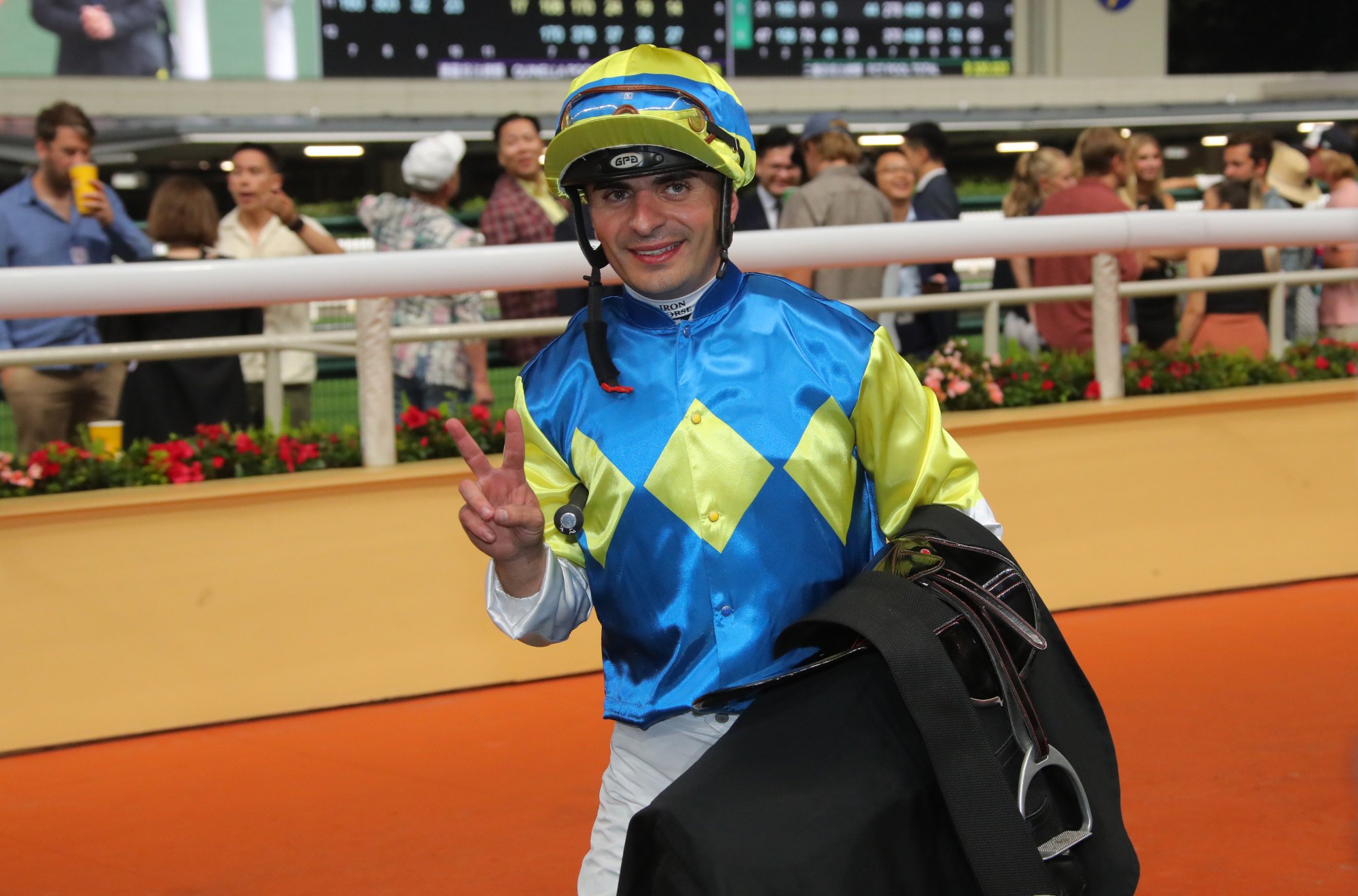 Andrea Atzeni celebrates a double at Happy Valley earlier this month.