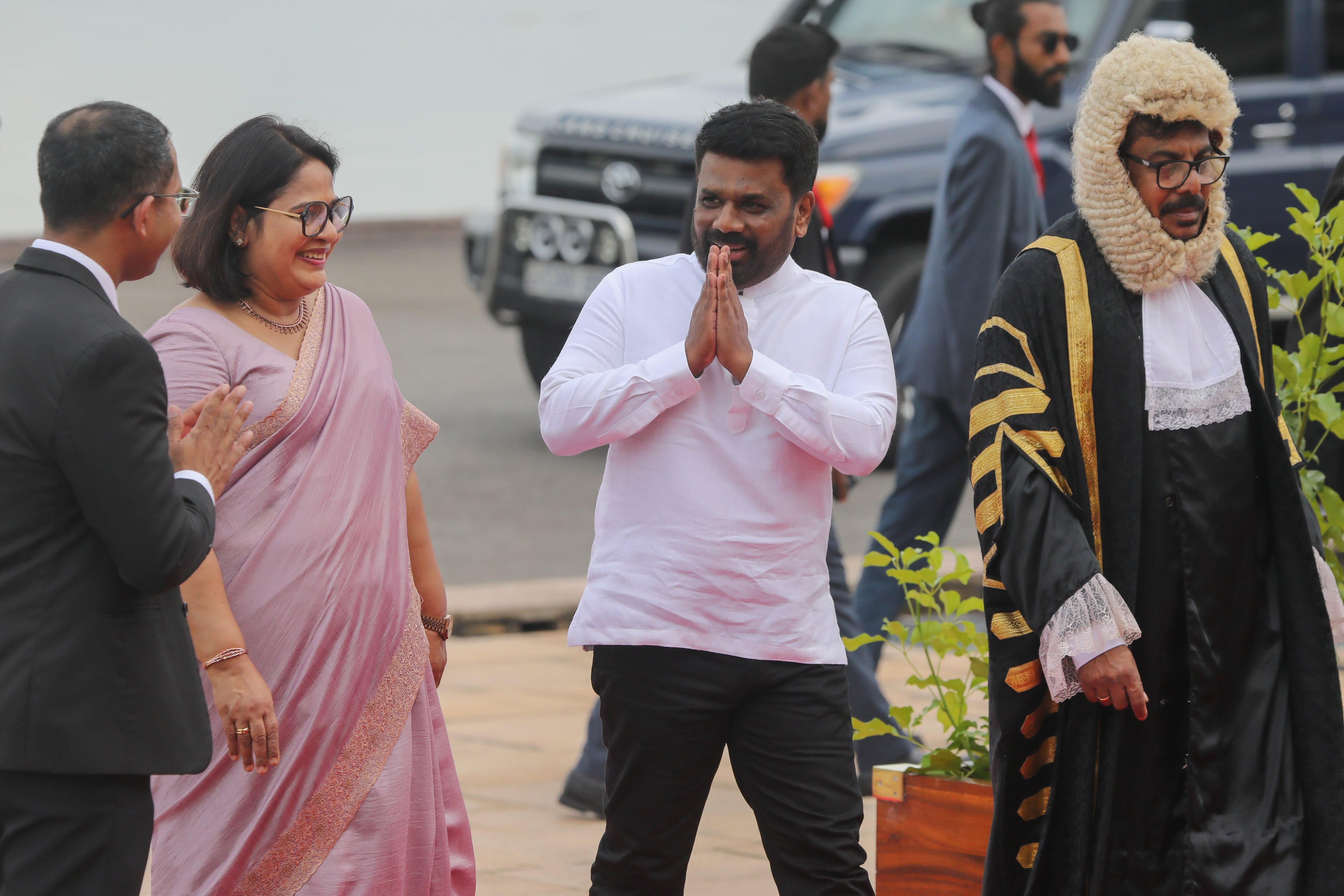 Sri Lankan President Anura Kumara Dissanayake (second from right) arrives at the parliament complex to address the ceremonial inauguration of the 10th parliament in Colombo, Sri Lanka, on Thursday. Photo: EPA-EFE