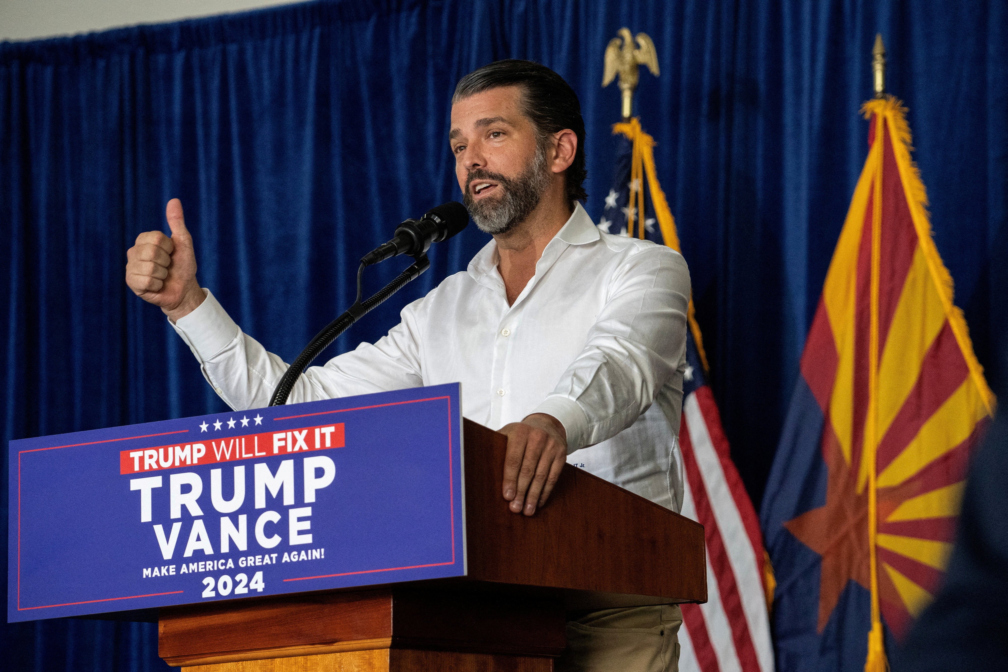 Donald Trump Jr. during the rally of Republican US vice presidential nominee Senator JD Vance in Scottsdale, Arizona, US, on November 2. Photo: Reuters