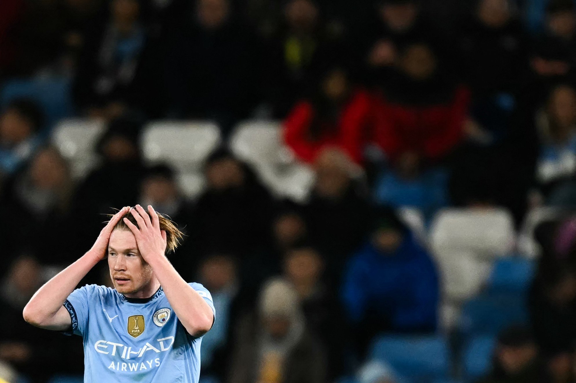 Kevin De Bruyne’s look of disbelief sums up the mood at Manchester City, who have now lost five matches in a row. Photo: AFP