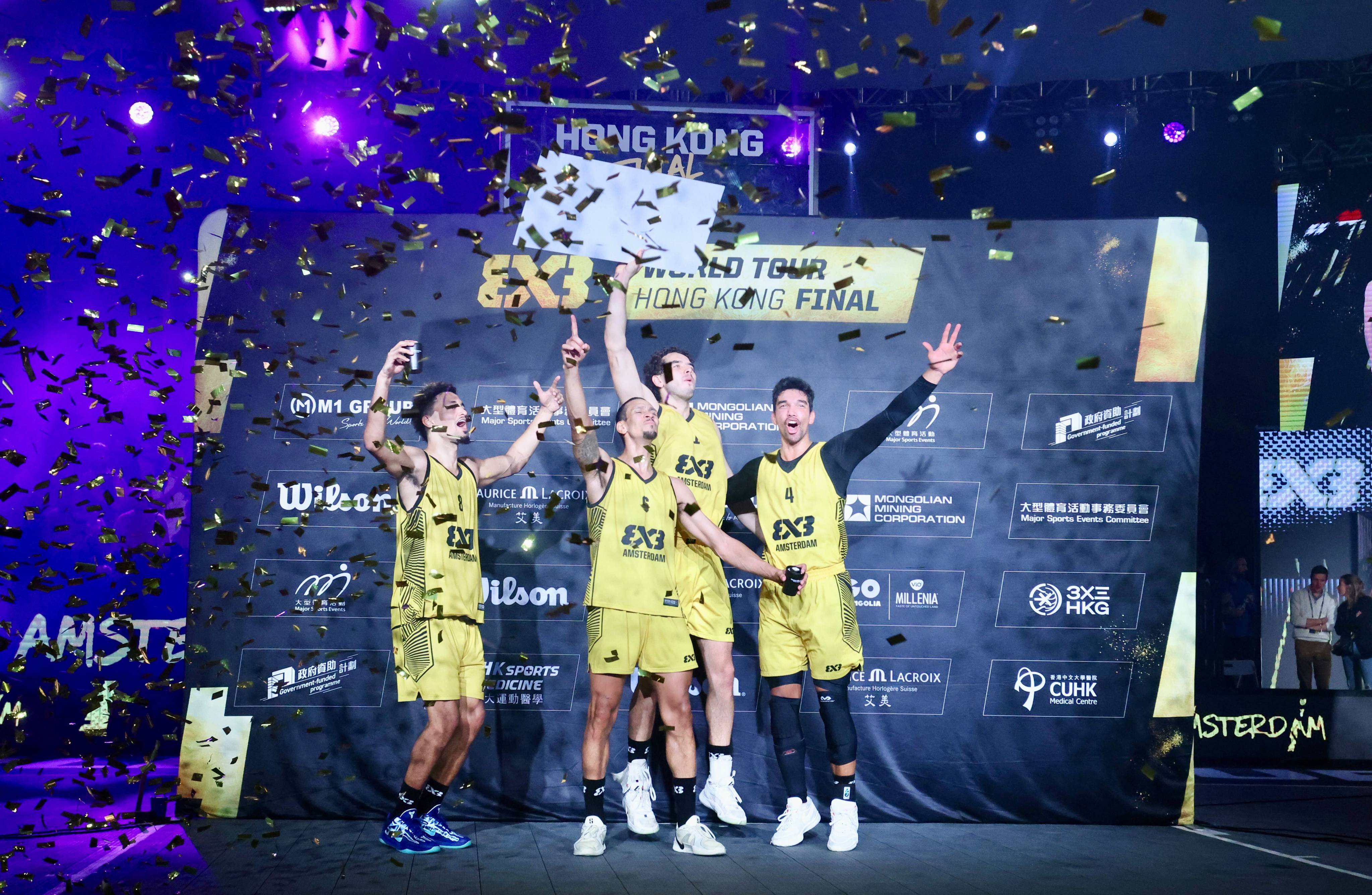 Amsterdam celebrate winning the Fiba 3x3 World Tour Final at Victoria Park. Photo: Jonathan Wong