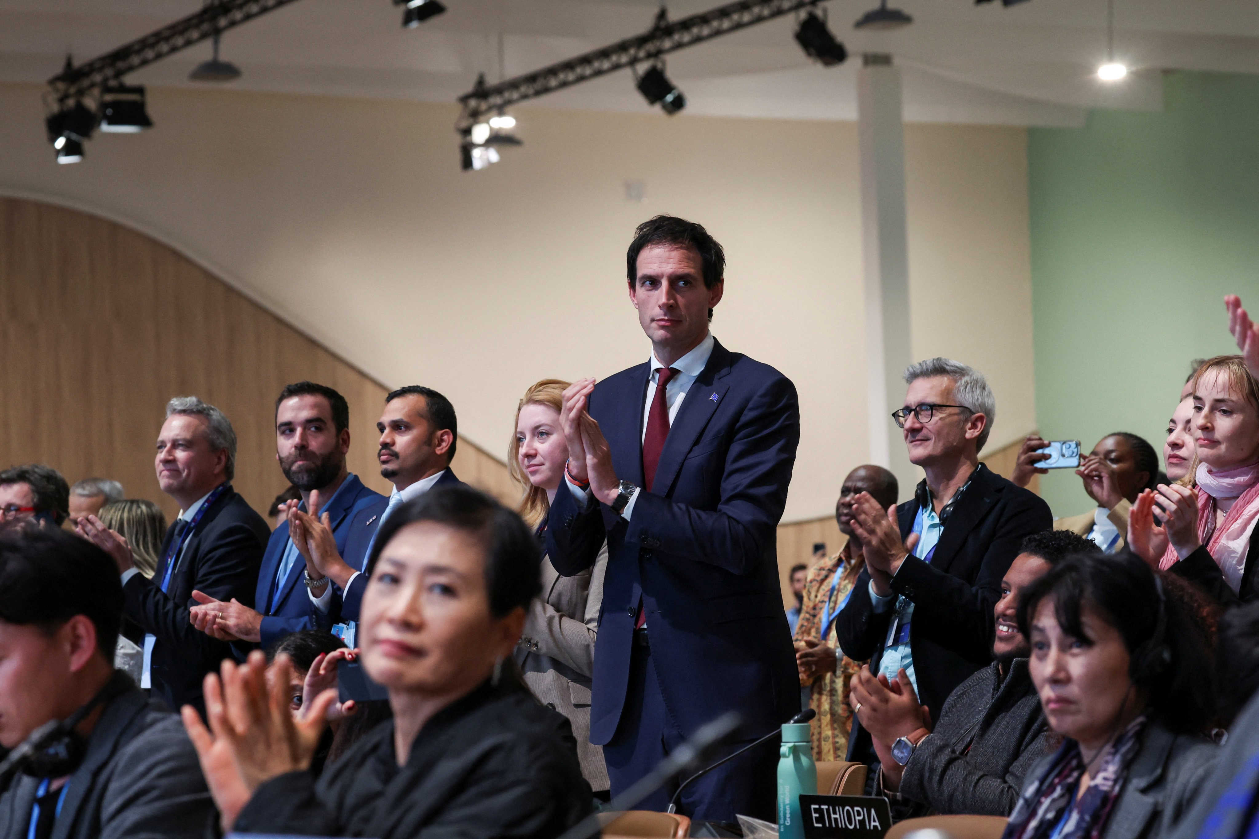 European Commissioner for Climate Action Wopke Hoekstra applauds during a closing plenary meeting at Cop29 in Baku, Azerbaijan, on Saturday. Photo: Reuters