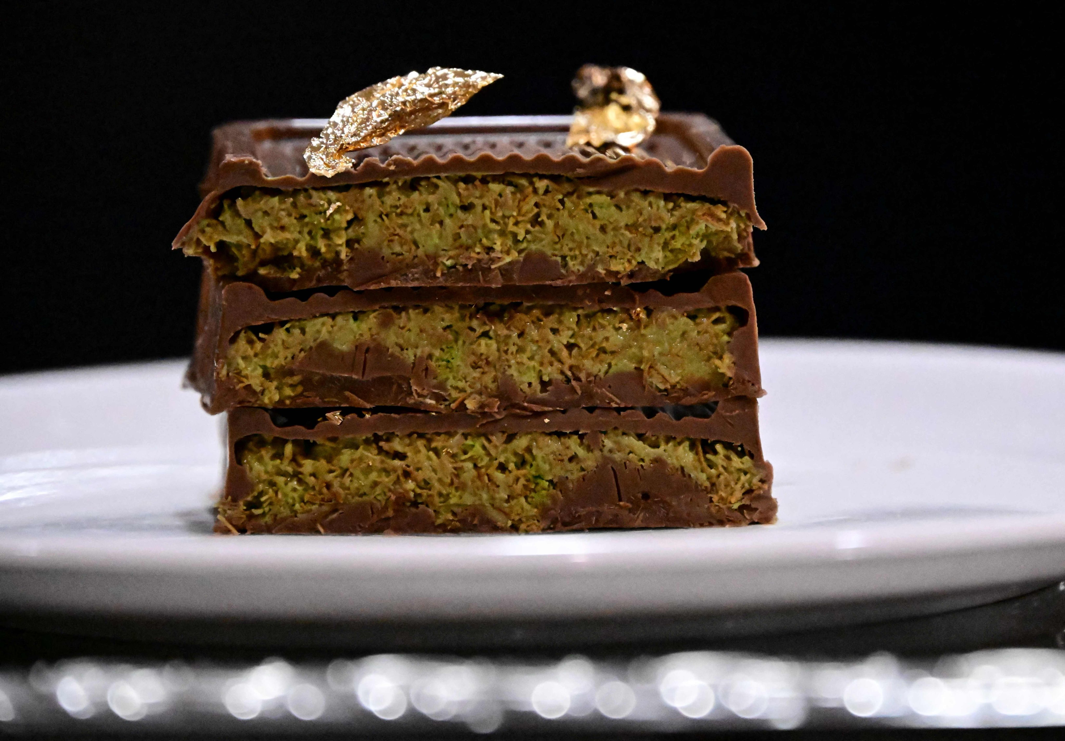 Pieces of Dubai chocolate with gold leaf at Abu Khaled Sweets in Berlin. Photo: AFP