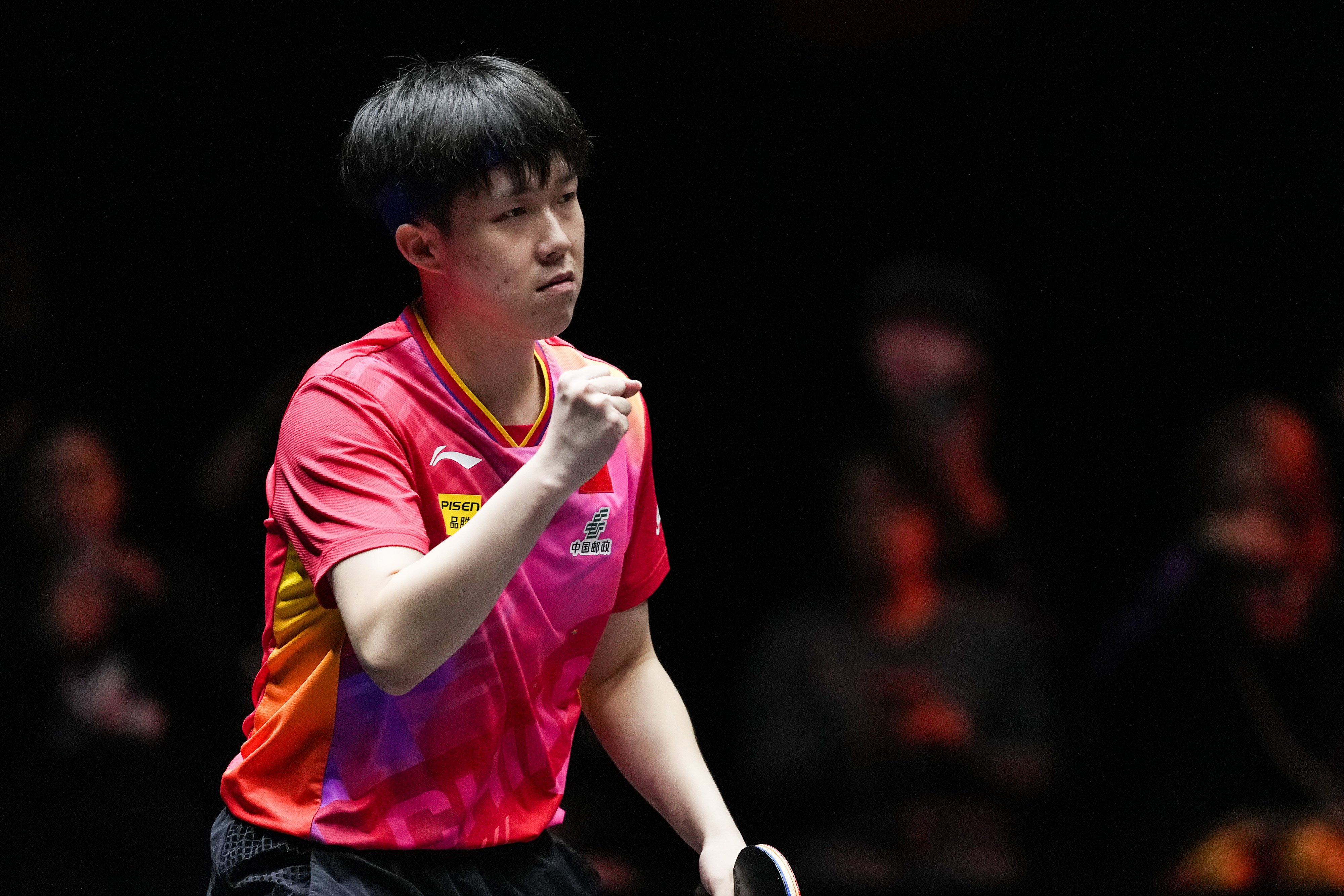 Wang Chuqin putting Tomokazu Harimoto away in less than 40 minutes to mark his third consecutive WTT Finals title, all of which were against his Japanese rival. Photo: Xinhua