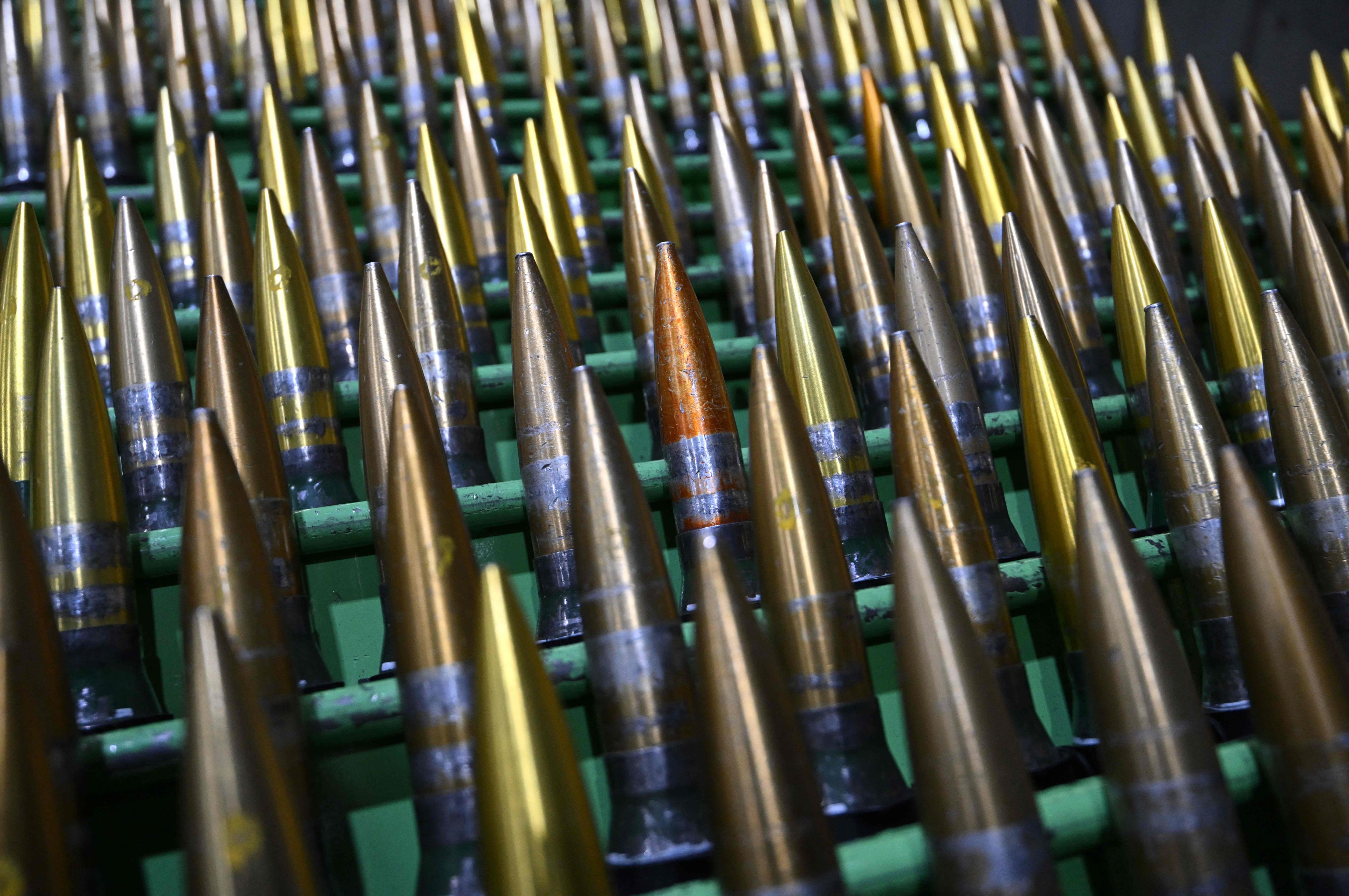 Rows of mock 30mm shells are seen at Hanwha Aerospace factory in Changwon, South Korea, on November 21. Long-standing domestic policy bars Seoul from sending its weapons into active conflict zones, but North Korea’s involvement in the Ukraine war may prompt it to change course. Photo: AFP