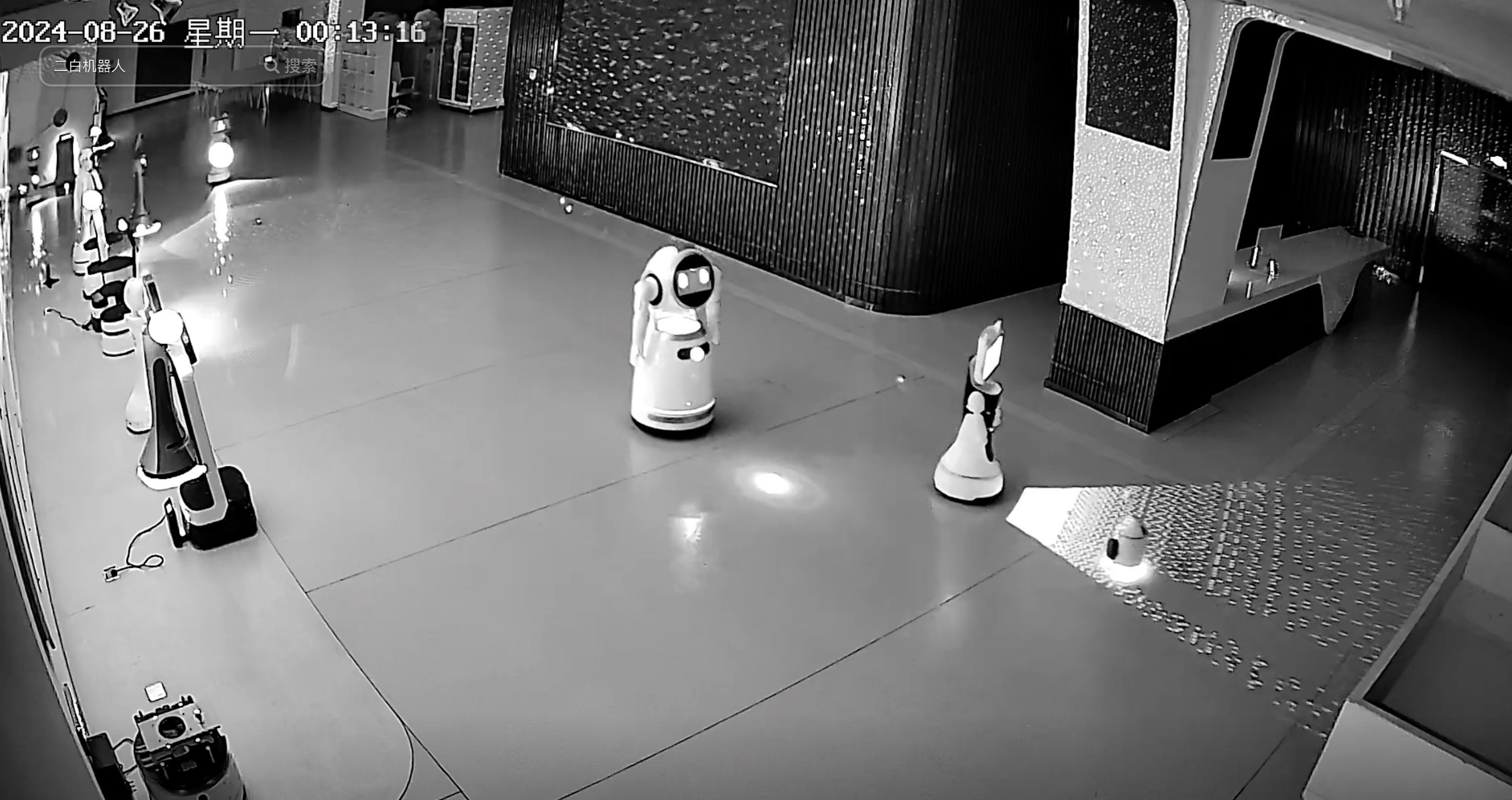 Erbai, a small robot developed by Chinese start-up Hangzhou Erbai Intelligent Technology, has “incited” bigger robots to escape from an exhibition hall at night. Photo: 我系二白 via Douyin