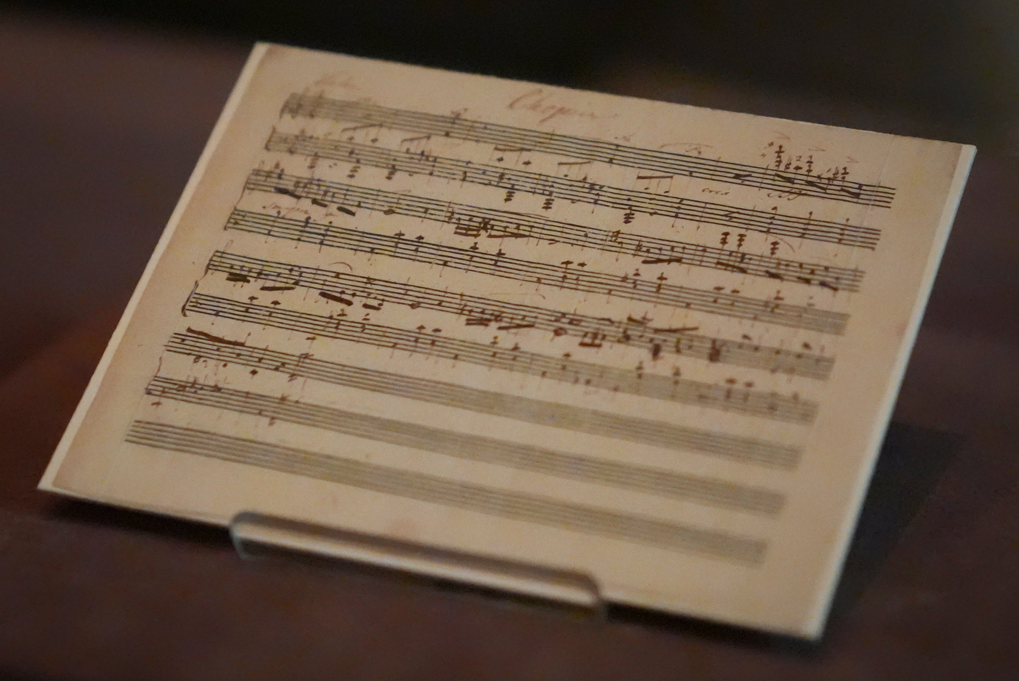 A previously unknown musical manuscript, possibly by Frederic Chopin, rests in a display case after it was discovered at The Morgan Library & Museum in New York. Its authenticity remains debated. Photo: AP