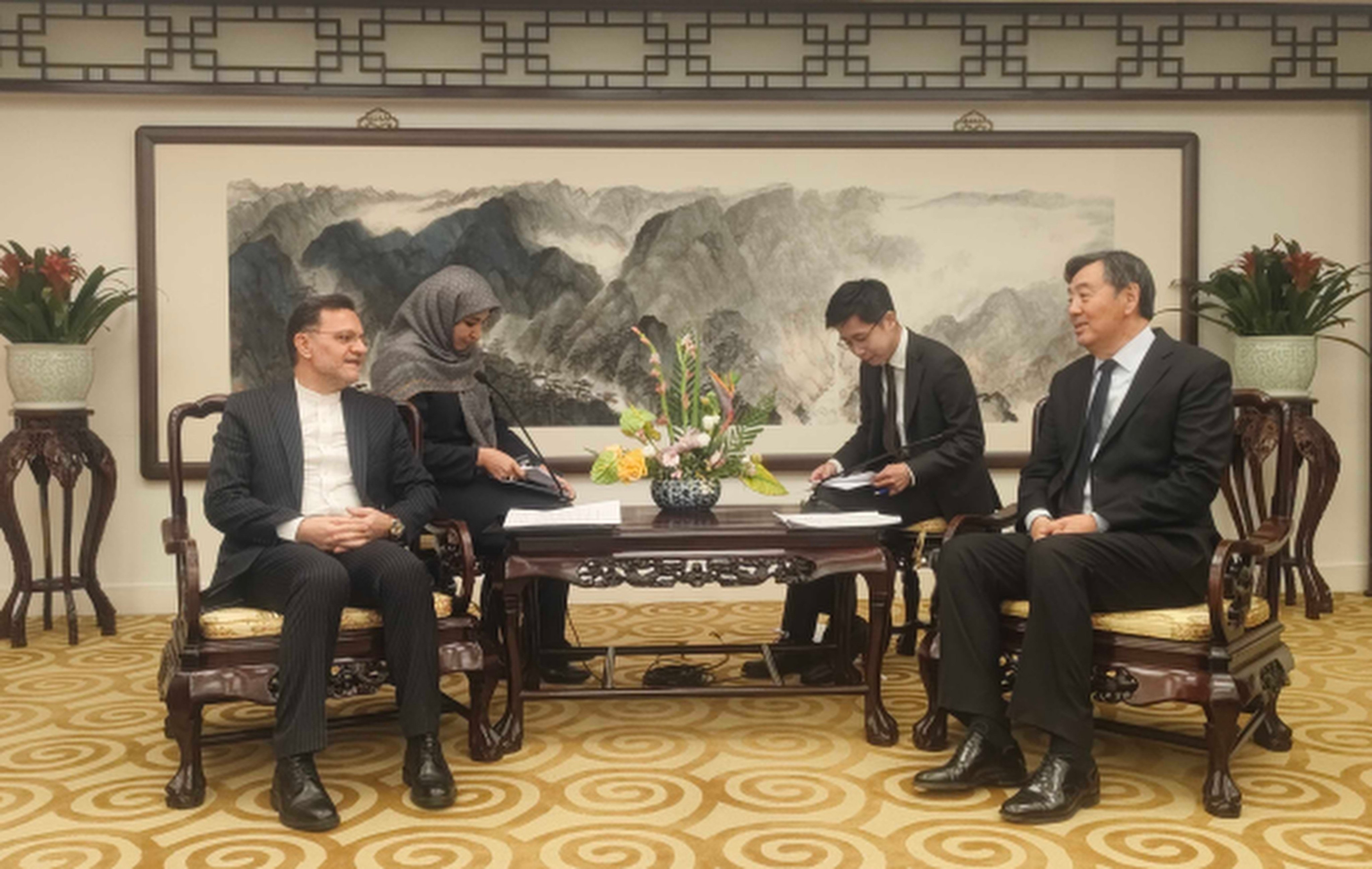 China’s special envoy for Middle East affairs Zhai Jun (right) meets Iranian ambassador to China Mohsen Bakhtiyar (left) on Monday in Beijing. Photo: Chinese Foreign Ministry