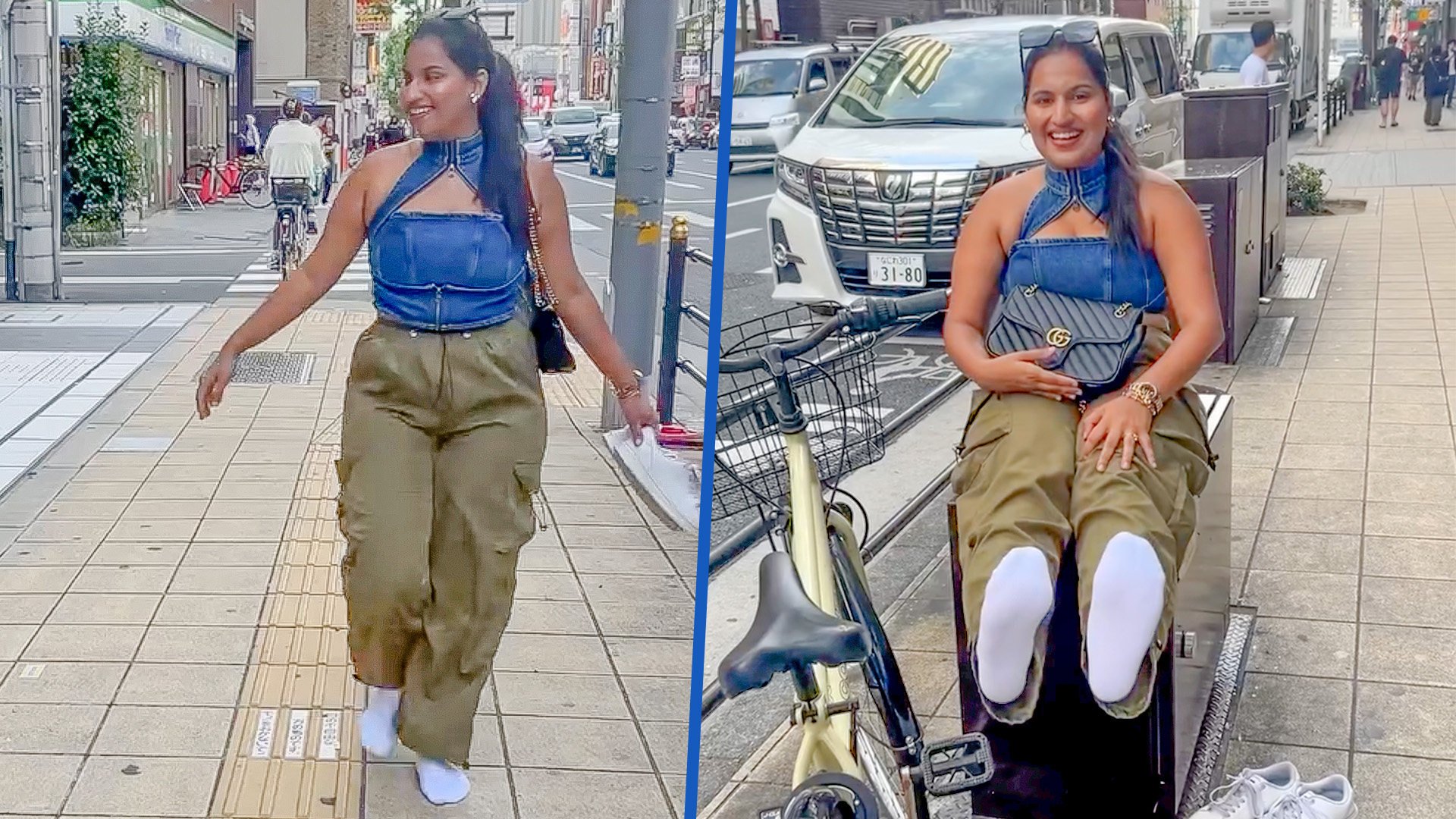 An Indian KOL walks without shoes to assess Japan’s cleanliness, surprised to discover that her white socks stay pristine. Photo: SCMP composite/IG@simranbalarjain
