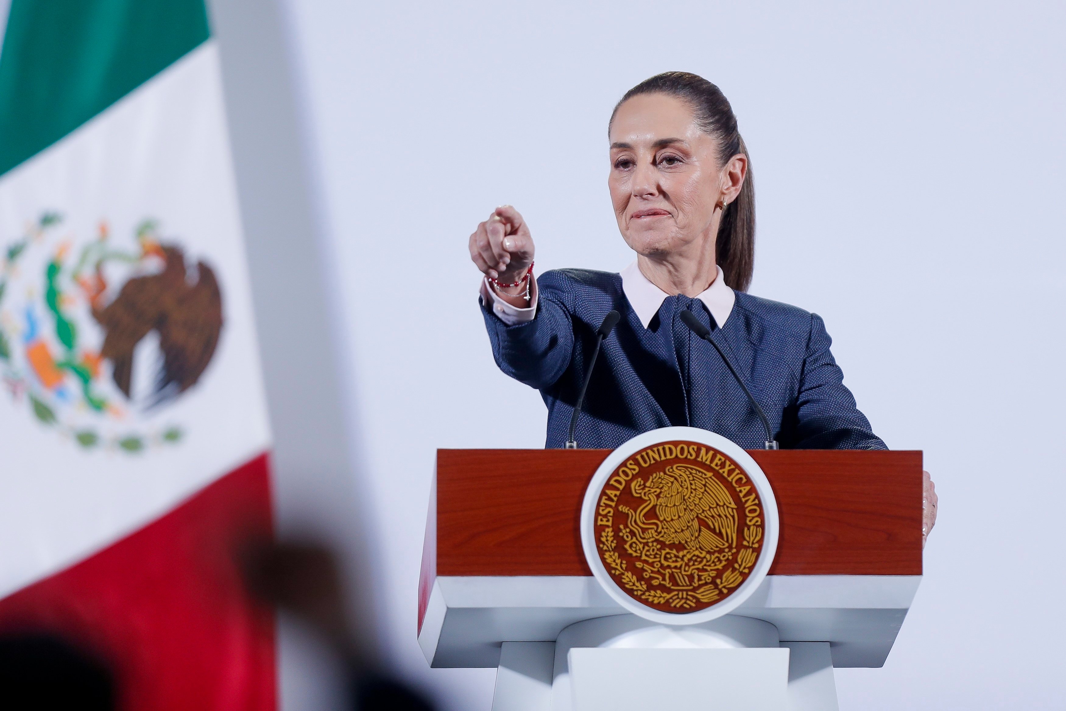 Mexican President Claudia Sheinbaum gestures during a press conference at the National Palace in Mexico City on Tuesday. Photo: EPA-EFE