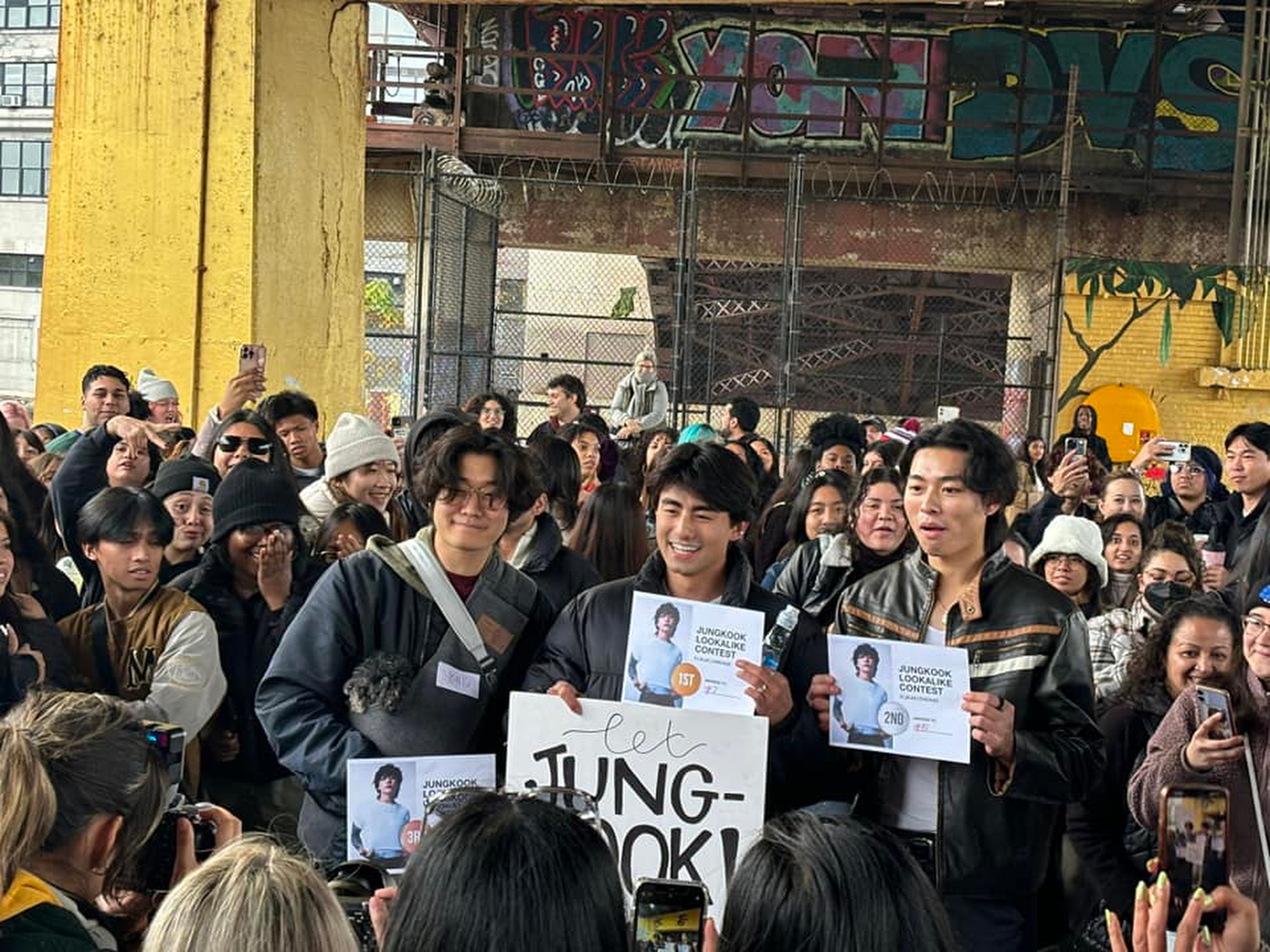 The winners of a Jungkook lookalike contest in Chicago, in the US. The competition drew a large crowd of participants and K-pop fans alike. Photo: Facebook/BTS Archive Memes