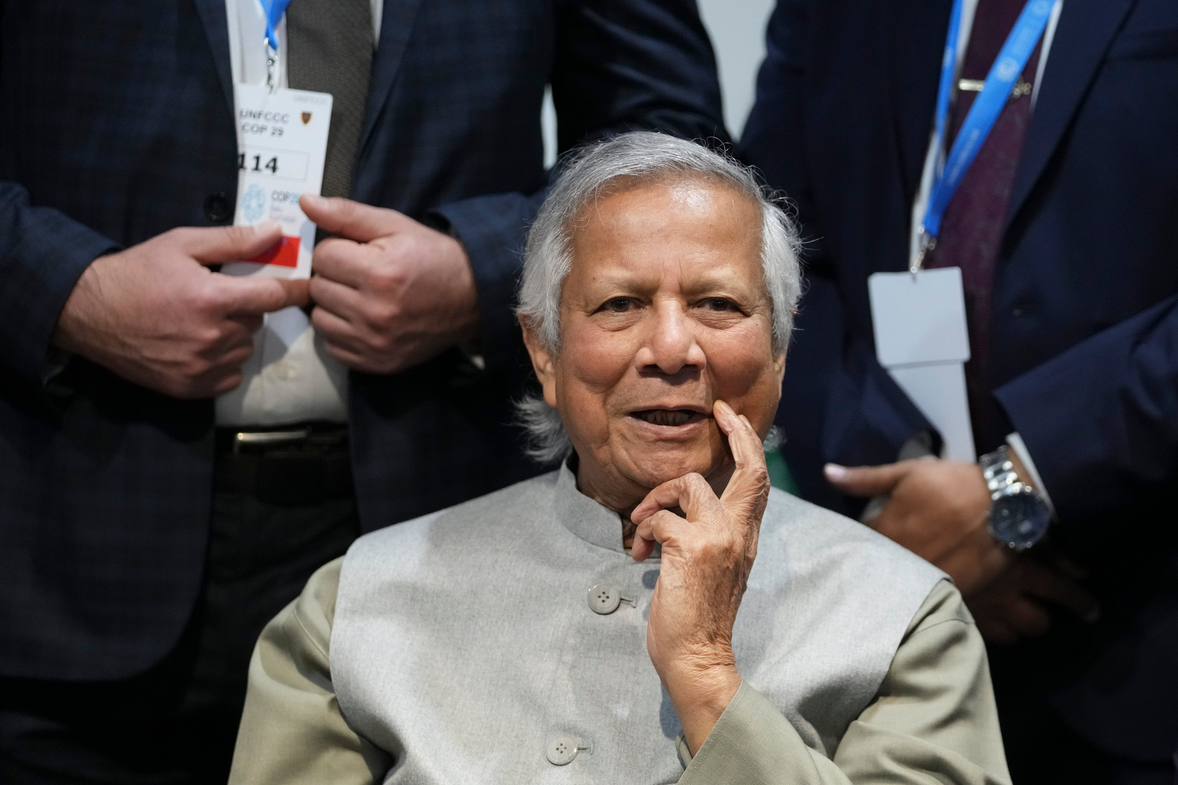 Muhammad Yunus, head of Bangladesh’s interim government, speaks to members of the media at the COP29 UN Climate Summit on November 13. Photo: AP