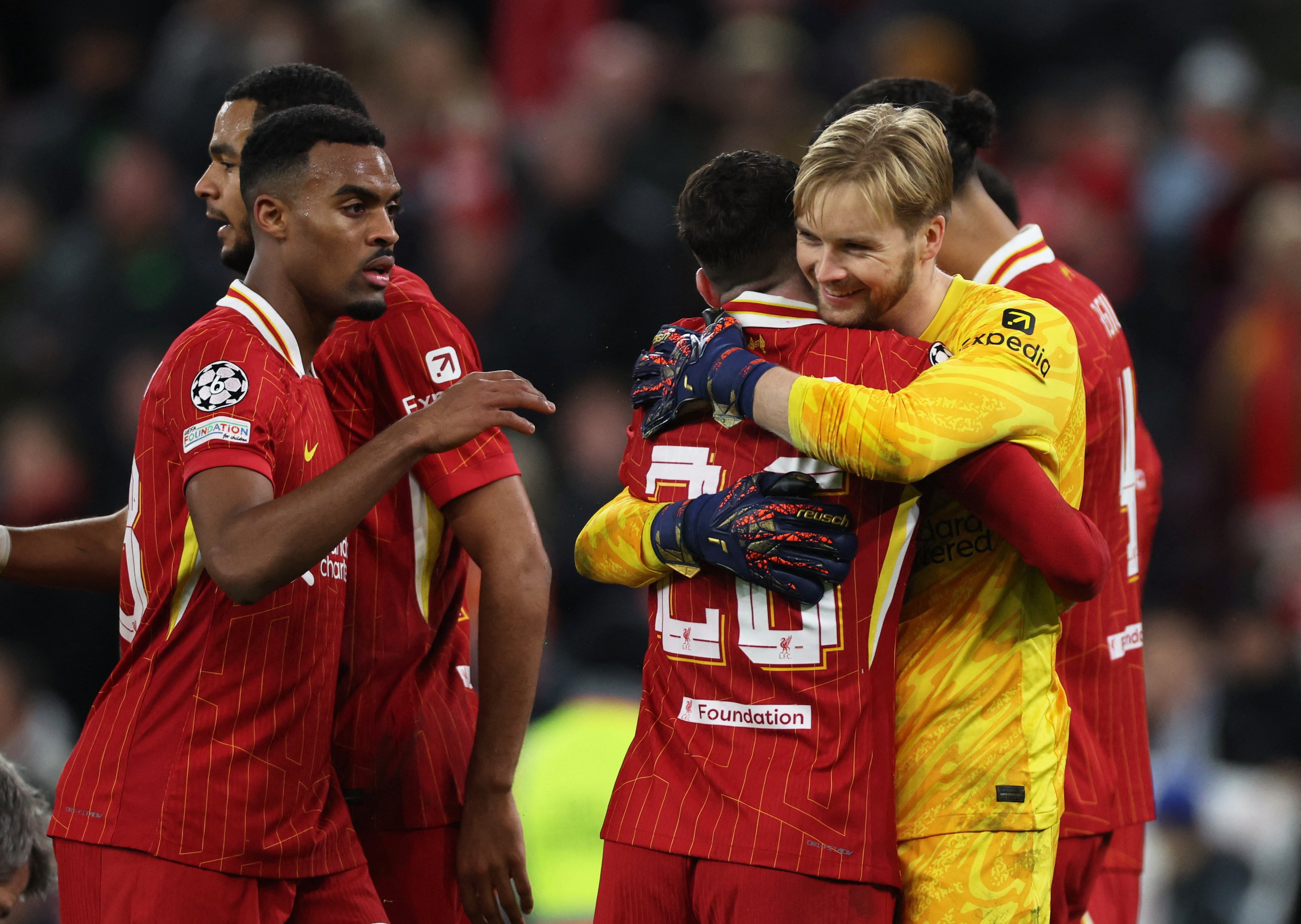 Liverpool players celebrate after sealing a 2-0 victory over Real Madrid in the Uefa Champions League. Photo: Reuters