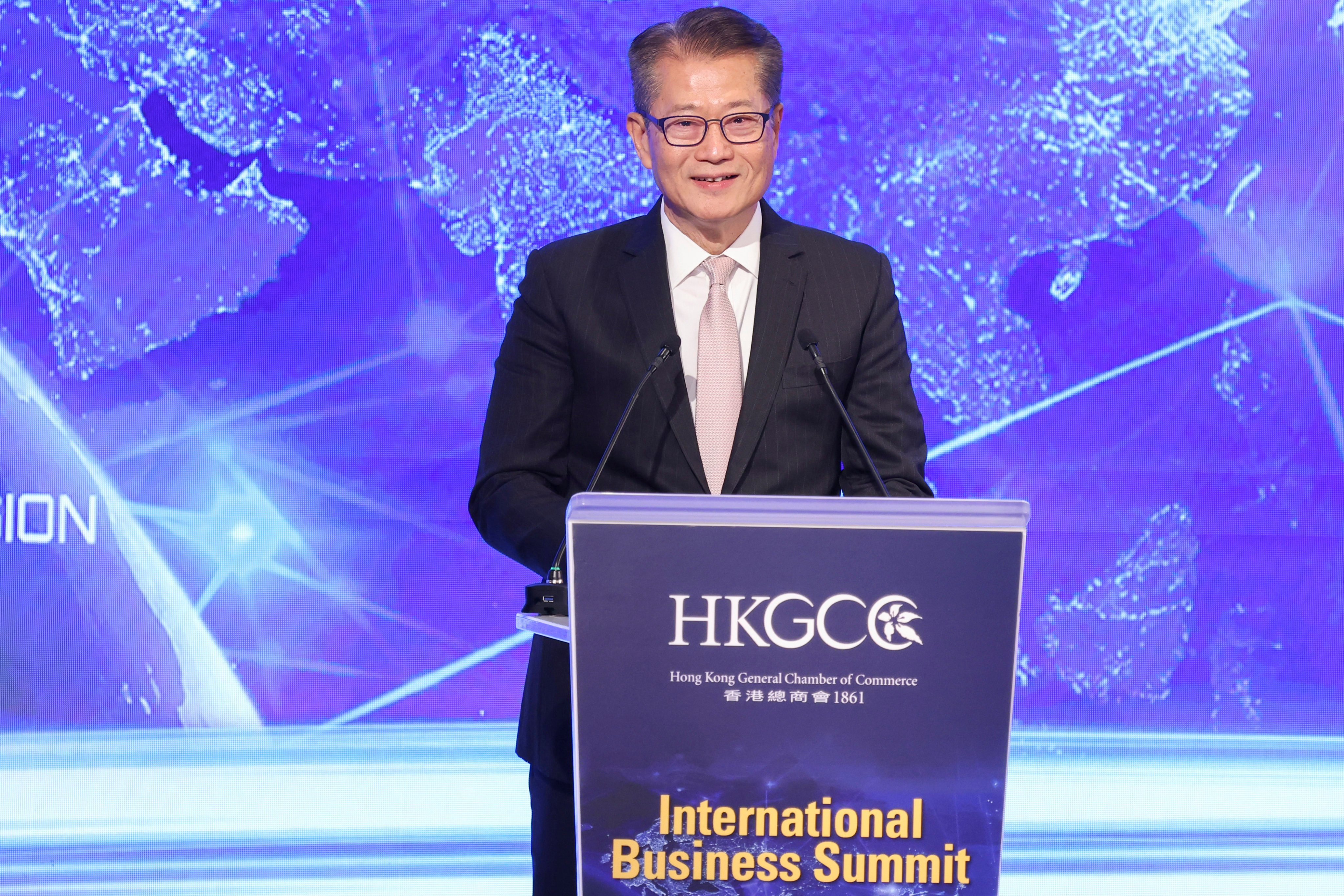 Financial Secretary Paul Chan Mo-po delivers keynote opening address at Hong Kong General Chamber of Commerce (HKGCC) International Business Summit - 30th Anniversary Shifting Economic Center of Gravity: Hong Kong’s Role, held at JW Marriott Hotel Hong Kong, Admiralty. 28NOV24 SCMP / Nora Tam