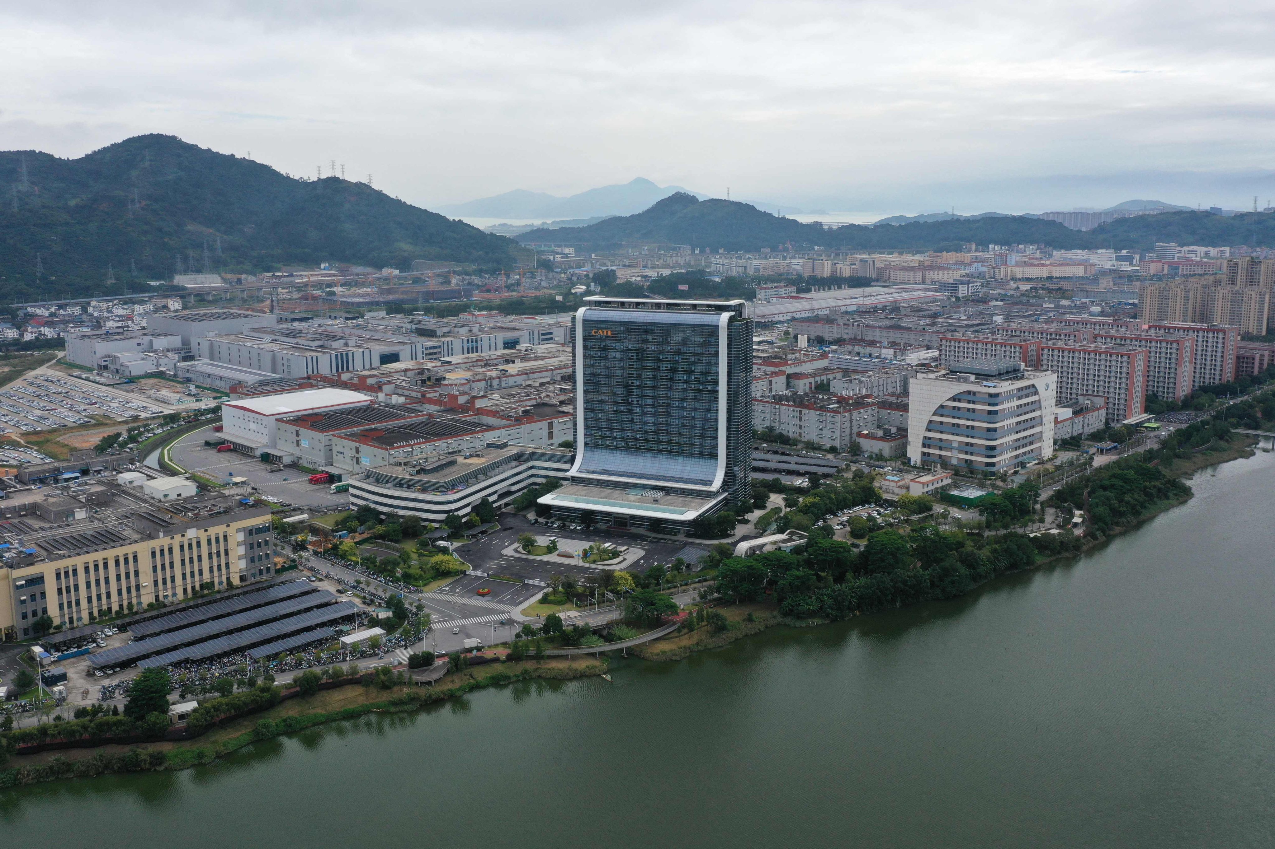 The headquarters of Chinese battery maker CATL, designed to look like one of its signature battery cells, in Ningde, Fujian province, China, on November 15. Photo: AFP 