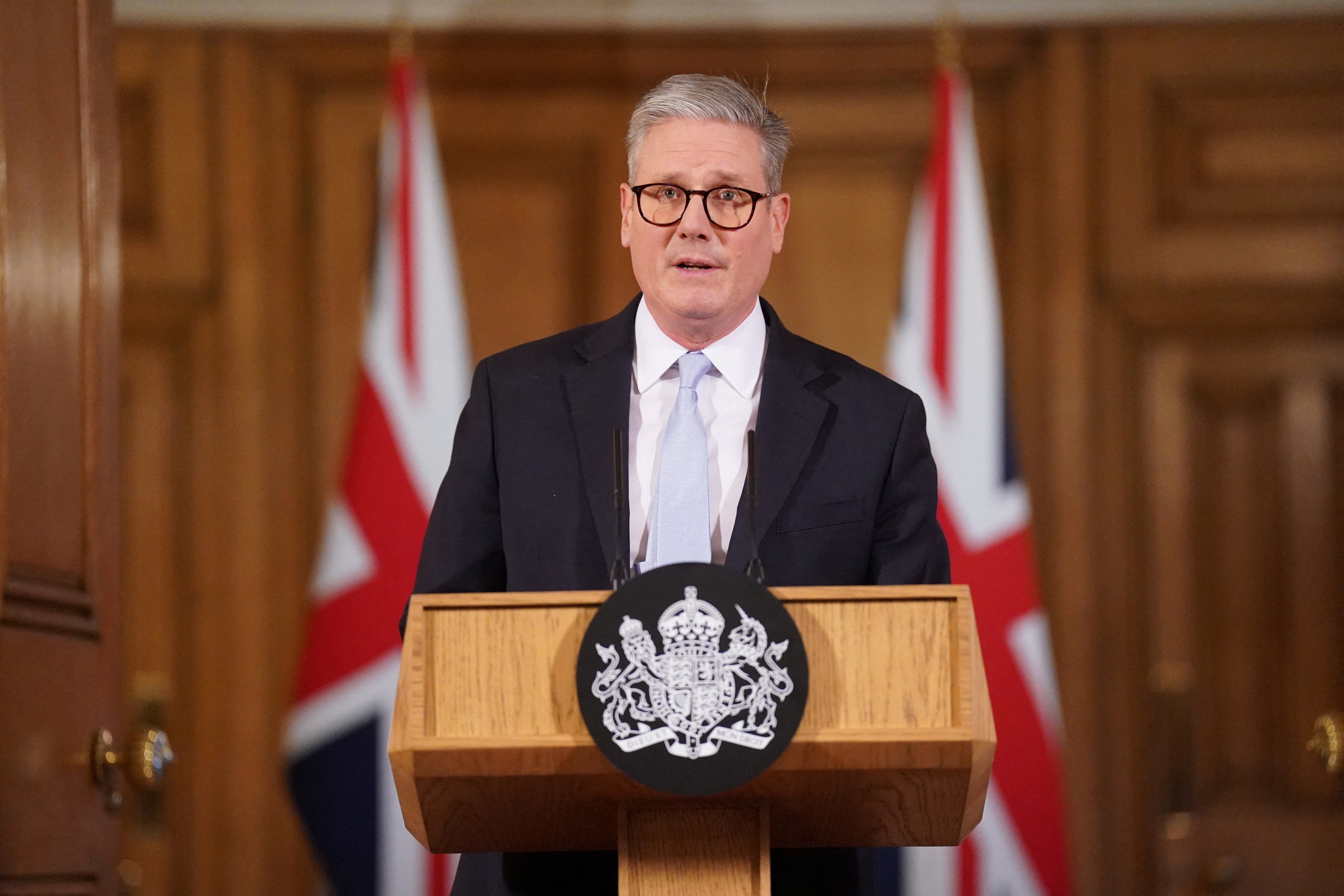 Britain’s Prime Minister Keir Starmer speaks during a press conference on migration at 10 Downing Street in London on Thursday. Photo: Reuters