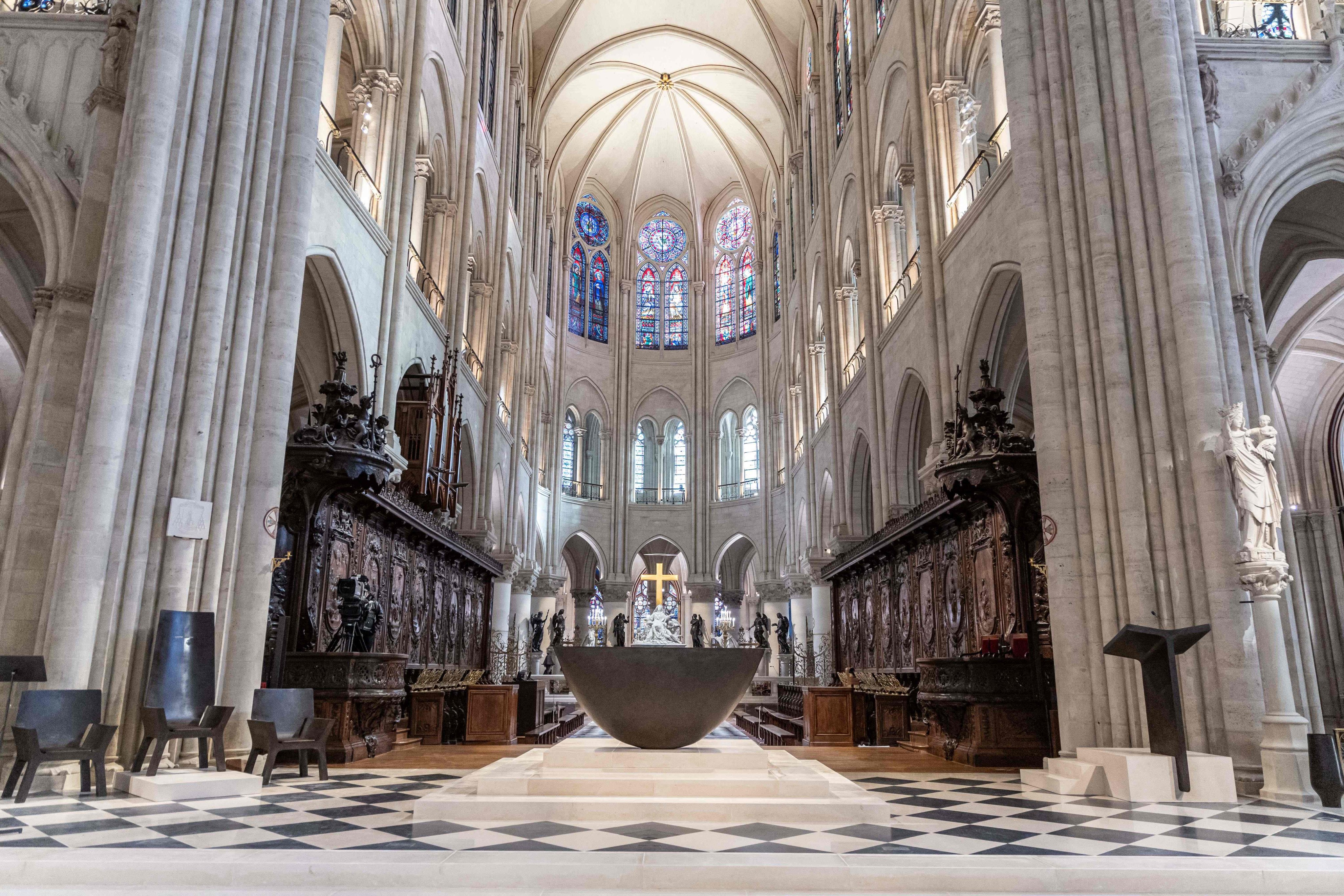 A new altar designed by French artist and designer Guillaume Bardet is seen at the Notre Dame cathedral in Paris on Friday. Photo: AFP