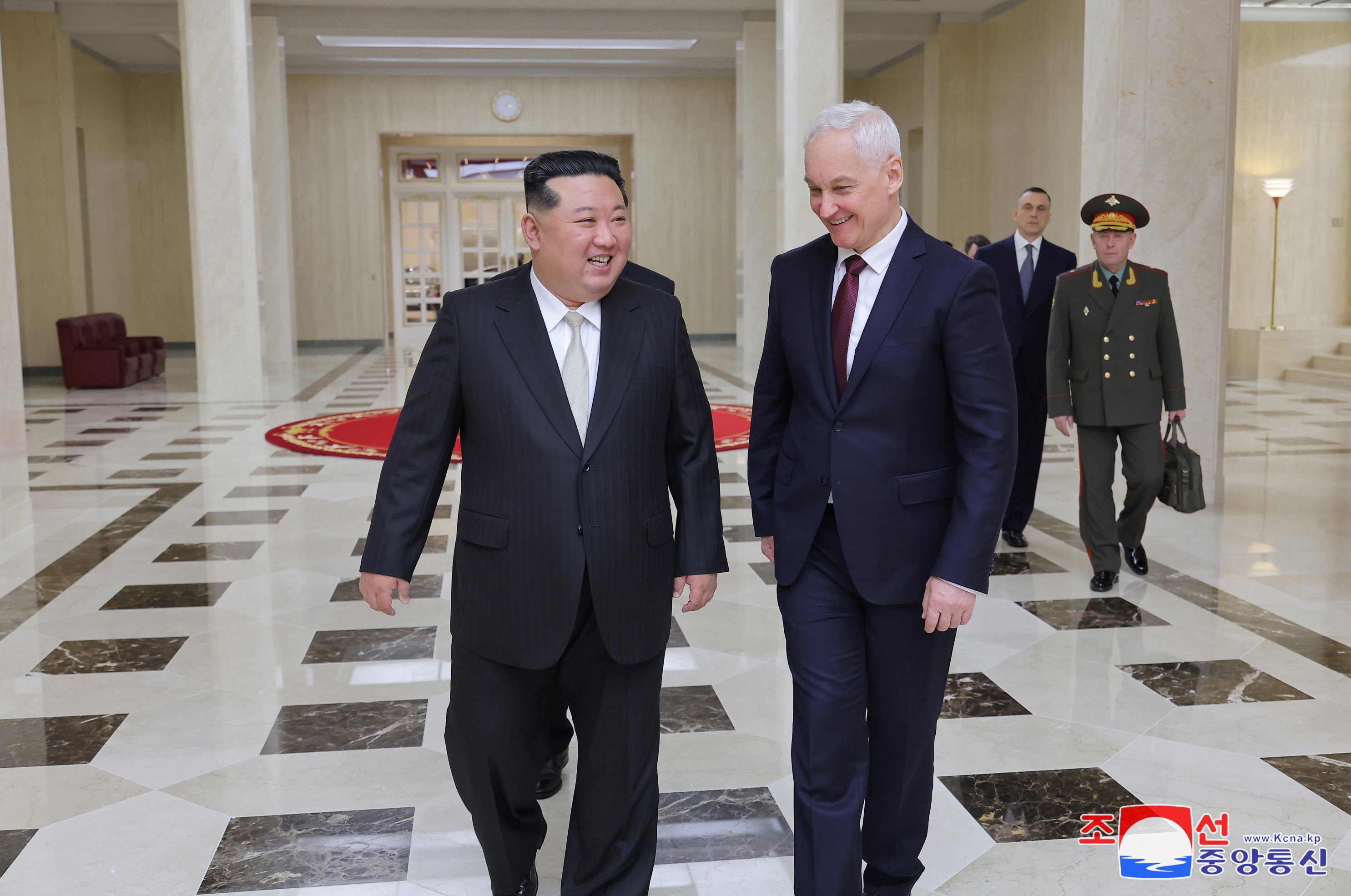 North Korean leader Kim Jong-un with Russian Defence Minister Andrey Belousov, in Pyongyang on Friday. Photo: EPA-EFE/KCNA 