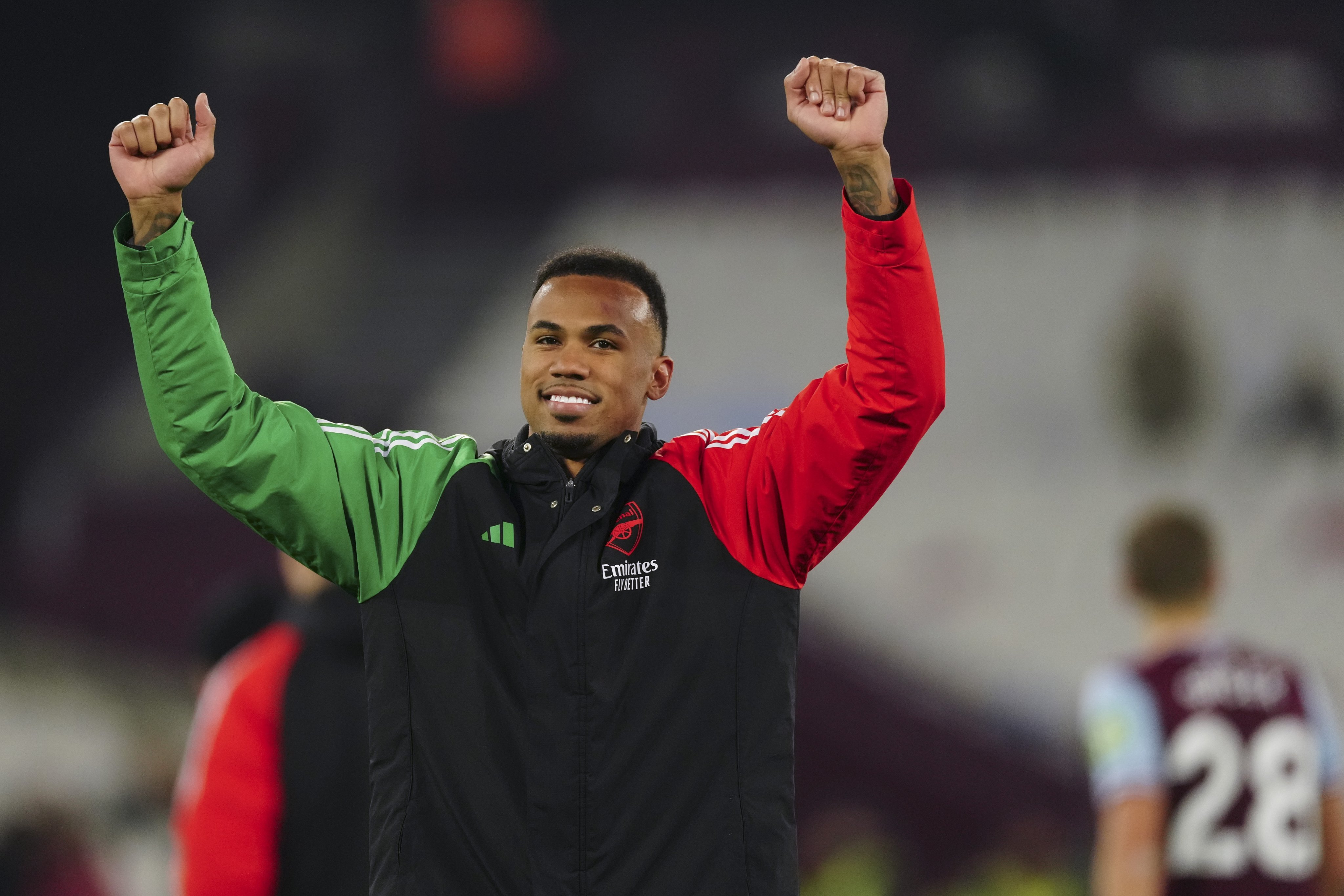 Arsenal defender Gabriel salutes the crowd in celebration after his side’s 5-2 victory at West Ham. Photo: AP