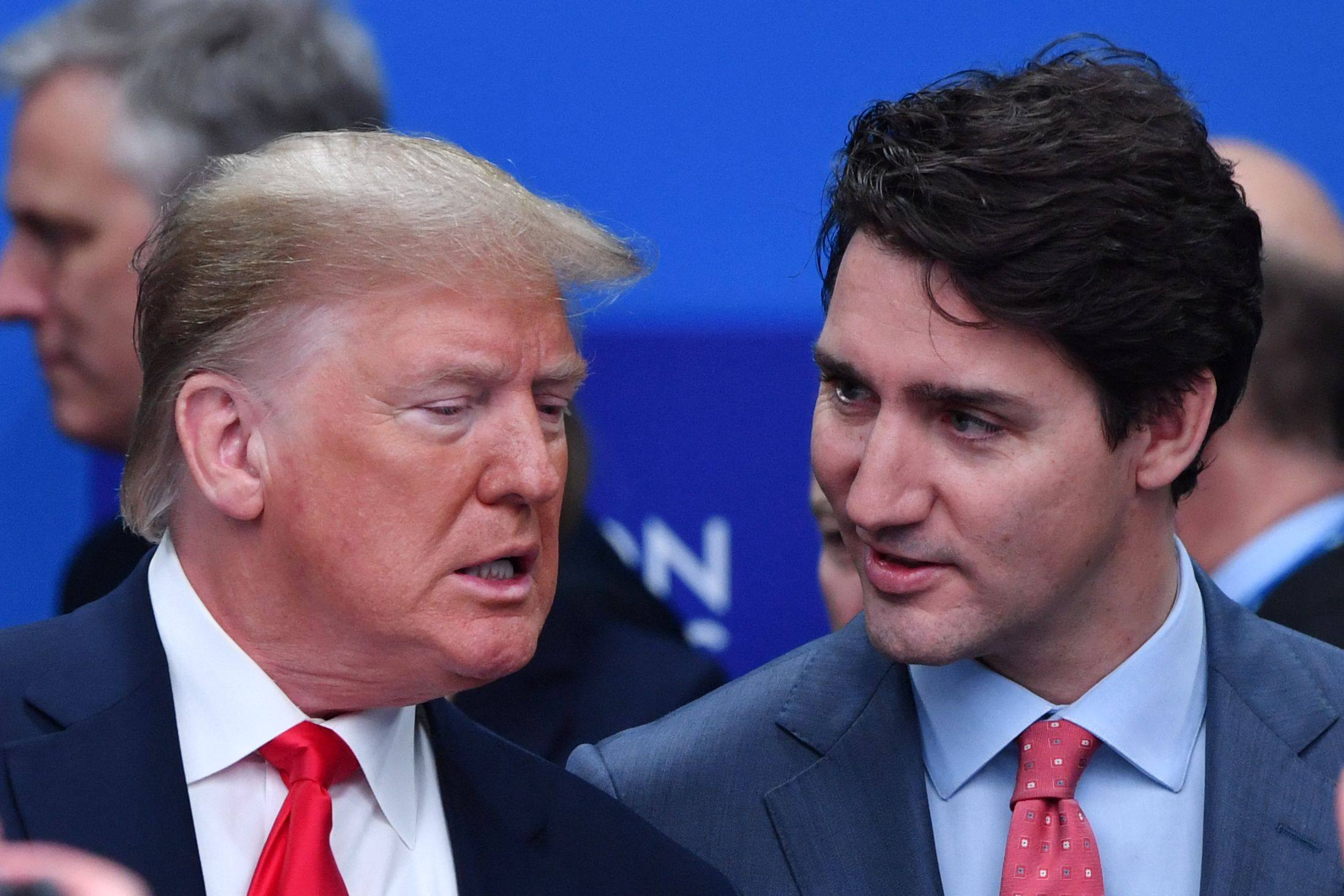 US President Donald Trump (left) speaks with Canada’s Prime Minister Justin Trudeau in Watford, northeast of London, UK, in December 2019. Photo: AFP