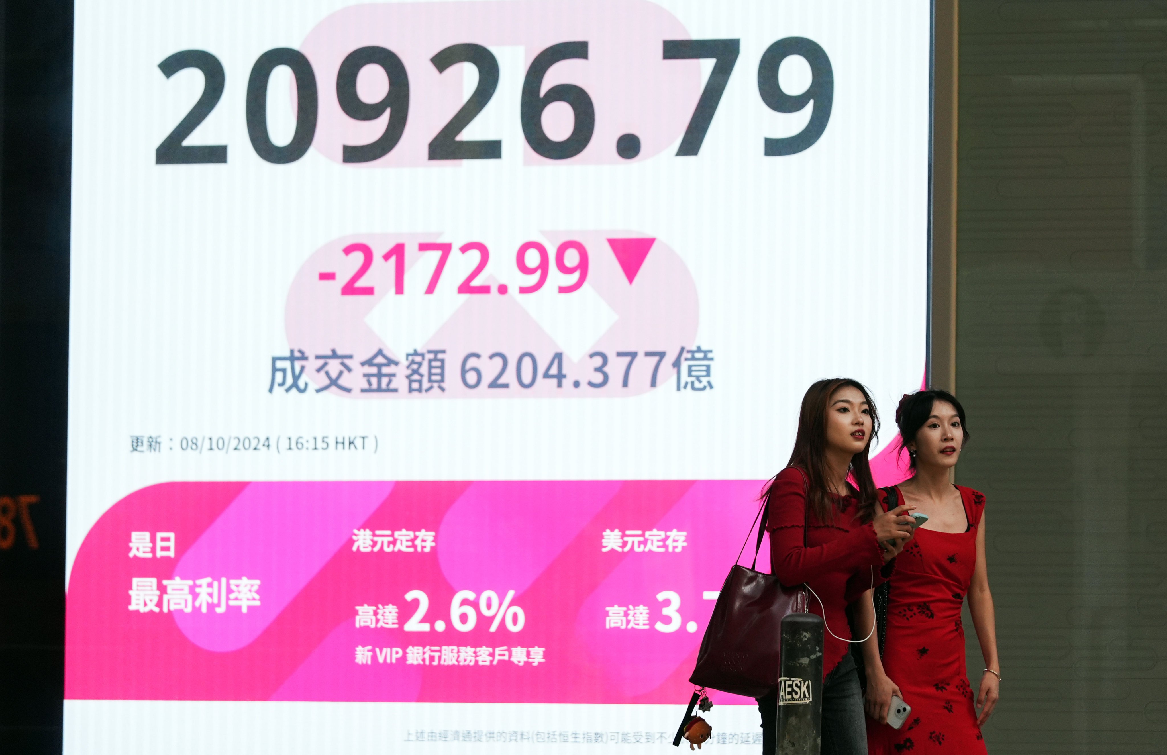 Women walk past a screen showing the Hang Seng Index in Central, Hong Kong, on October 8. The index has declined 16 per cent in the past 10 years while the S&P 500 index has increased almost 190 per cent during the same period. Photo: Eugene Lee