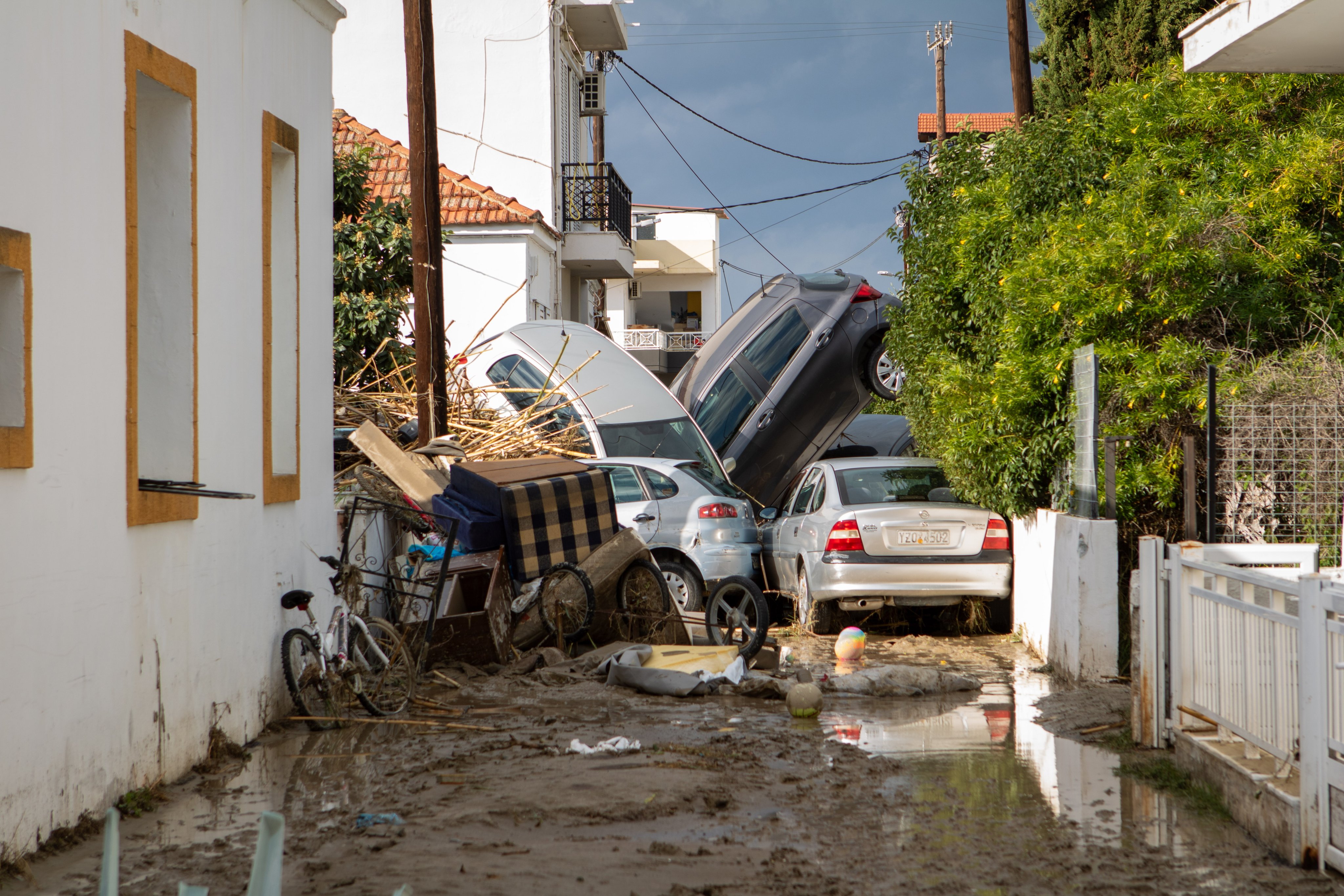 Cars piled up on a road full of mud following the passage of Storm Bora in Rhodes, Greece, on Sunday.  Photo: EPA-EFE