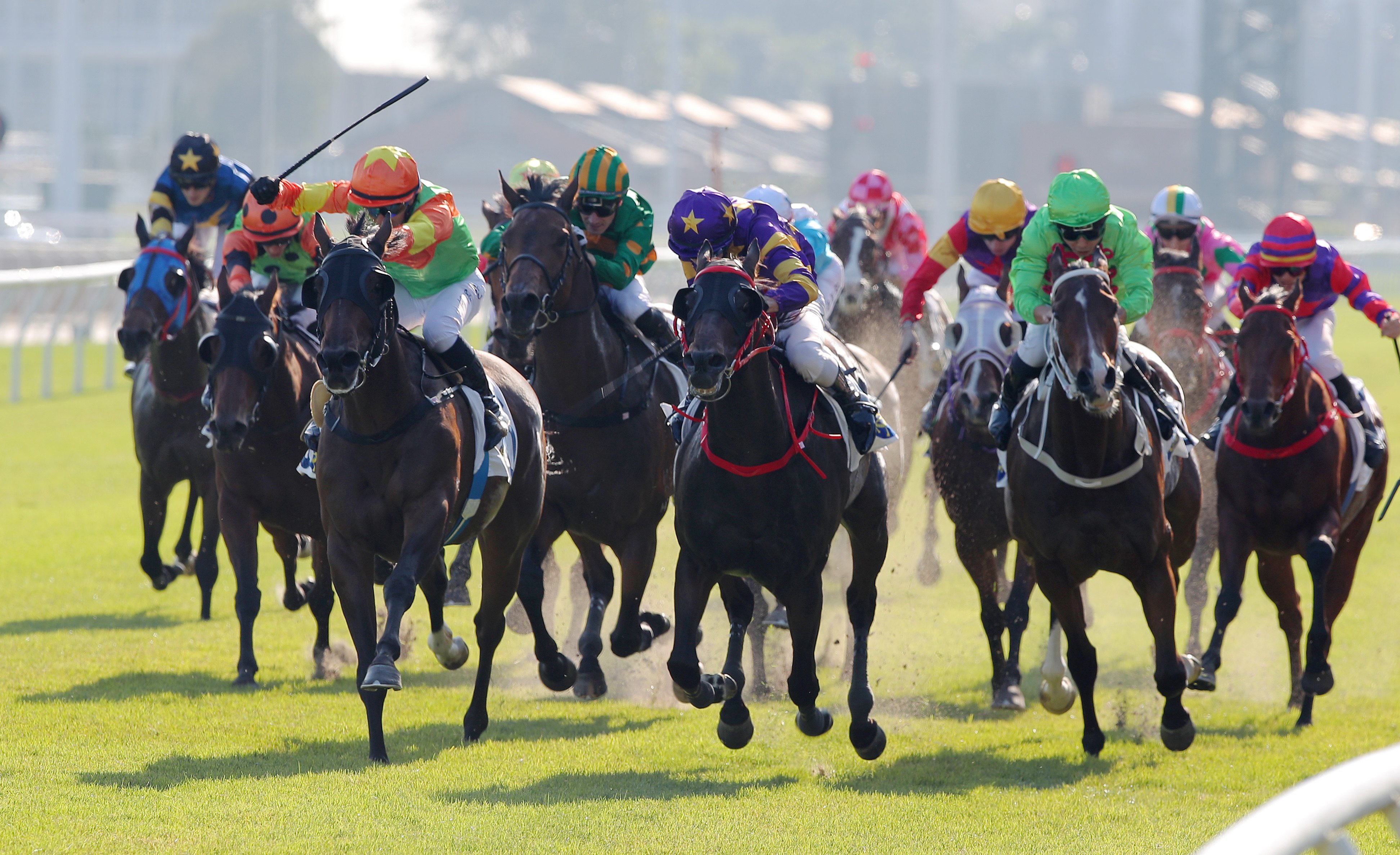 Healthy Healthy (left) prevails in a tight tussle with Stellar Express (centre) down the Sha Tin straight on Sunday. Photos: Kenneth Chan