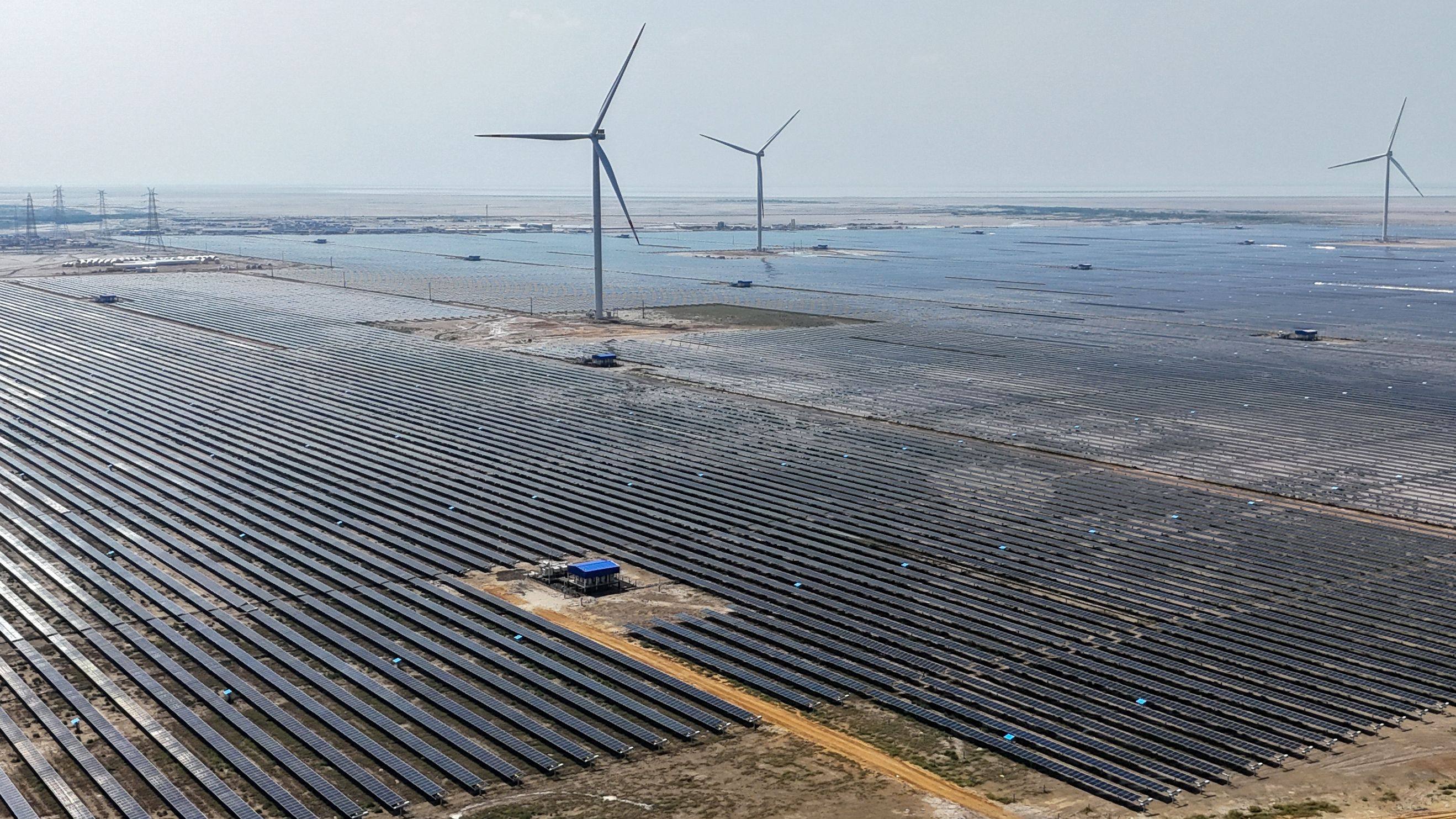 This photograph shows solar panels installed at the Adani Green Renewable Energy Plant in Khavda. File photo: AFP