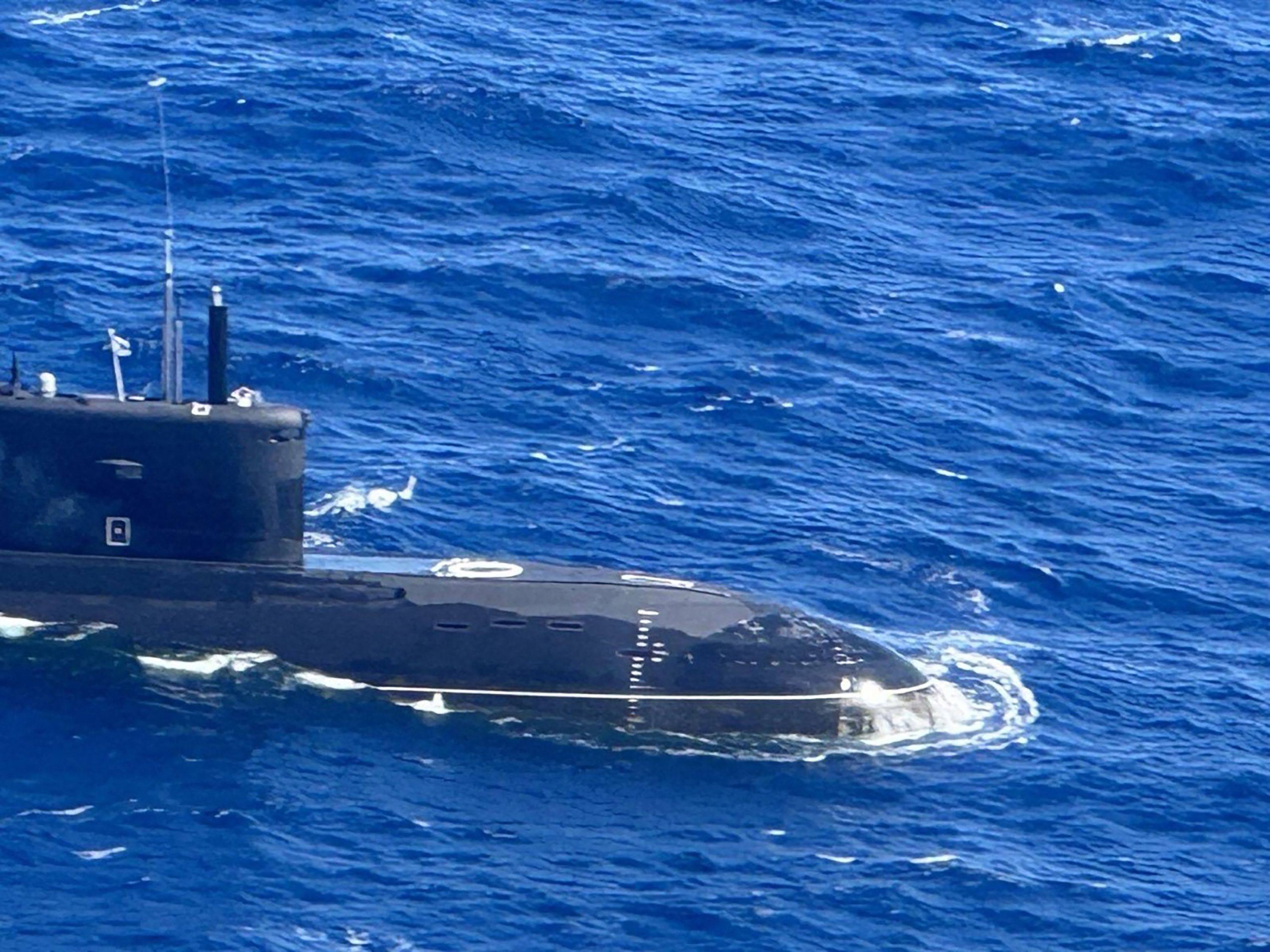 An aerial shot from an Armed Forces of the Philippines surveillance plane of a Russian Kilo-class submarine Ufa 490, spotted 80 nautical miles from Mindoro island in the disputed South China Sea. Photo: Handout / Armed Forces of the Philippines / AFP