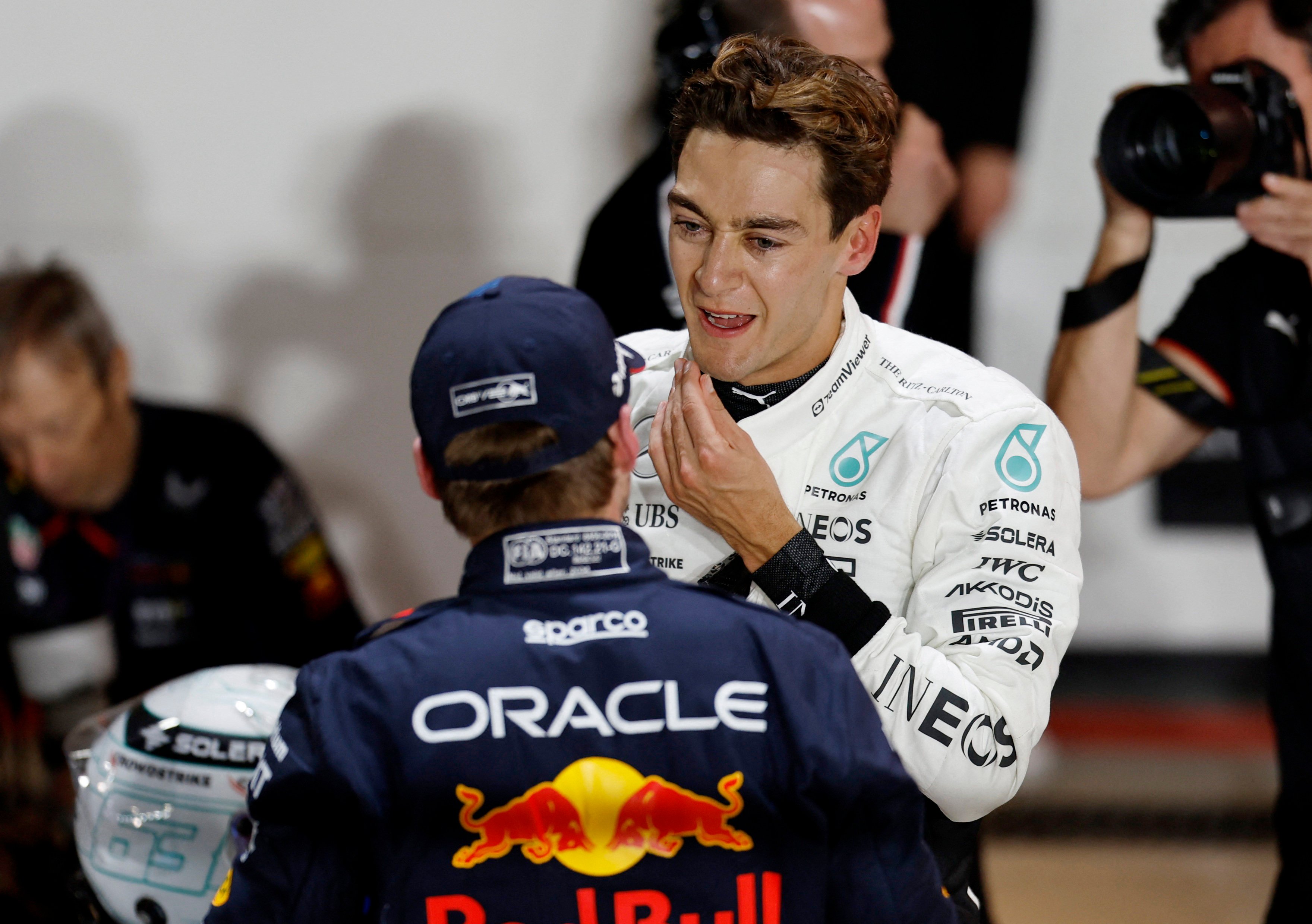 Red Bull’s Max Verstappen (left) qualified in pole position for Sunday’s Qatar Grand Prix, with Mercedes’ George Russell (right) in second spot, but a Russell complaint saw the positions reversed. Photo: Reuters