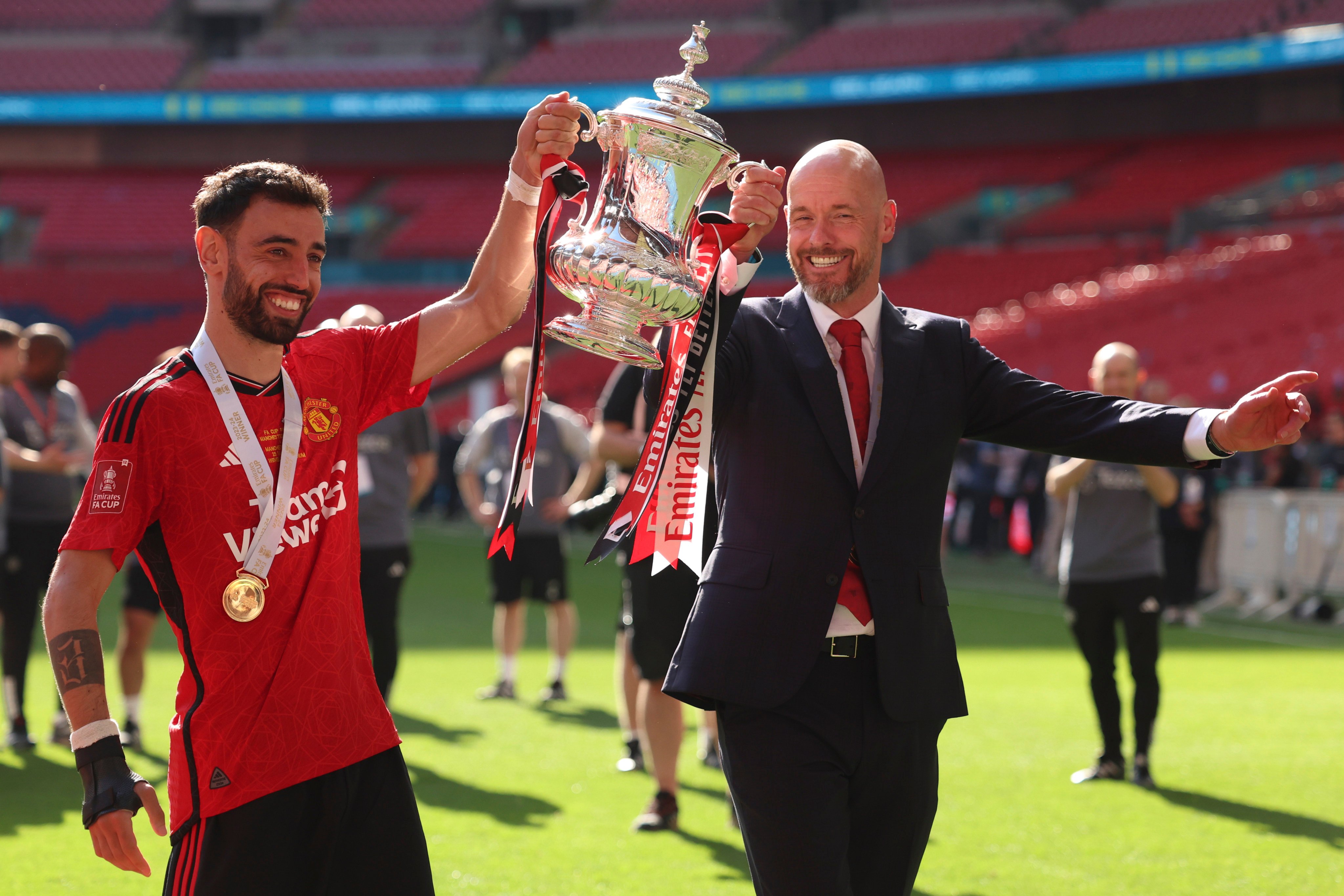 Manchester United’s then head coach Erik ten Hag (right) and Bruno Fernandes celebrate after beating Manchester City in last season’s FA Cup final. Photo: AP