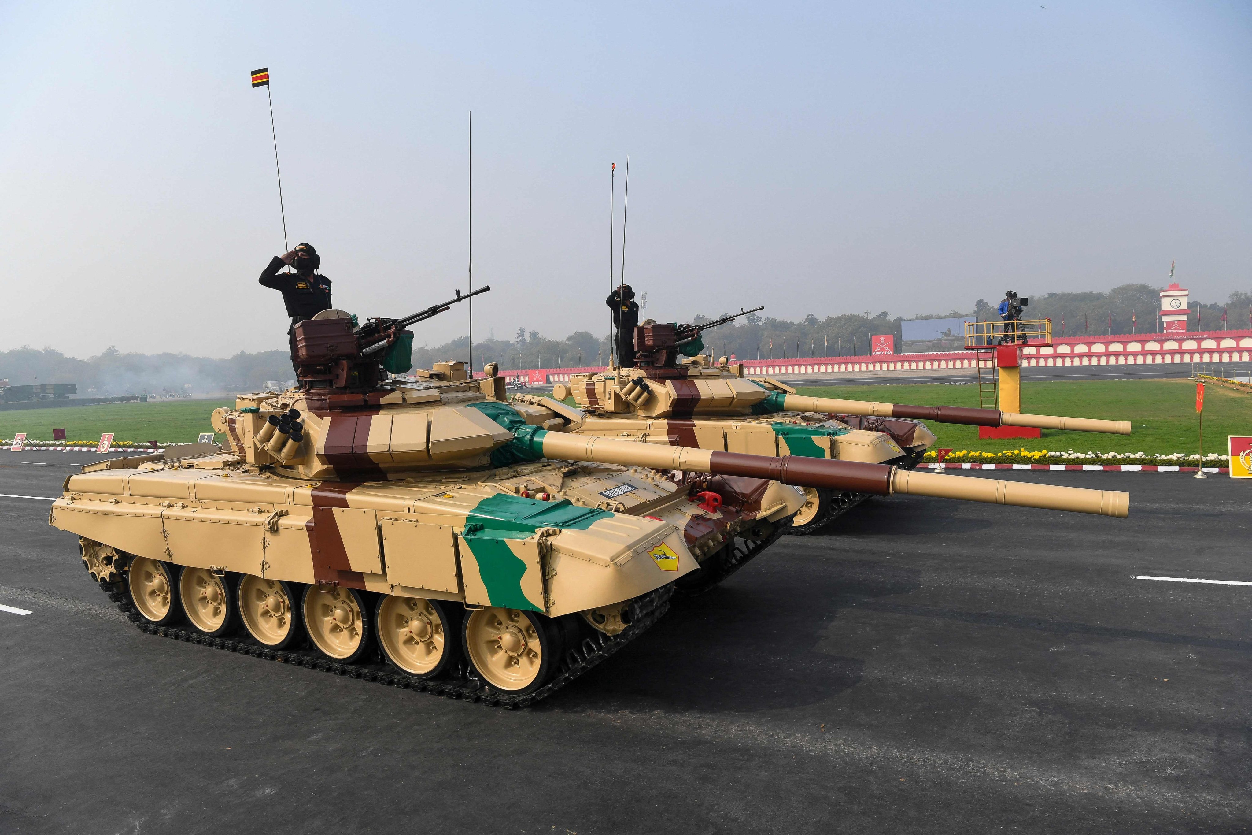 Soldiers in Russian-made T-90 tanks march past during a ceremony to celebrate India’s 73rd Army Day in New Delhi in January 2021. Photo: AFP