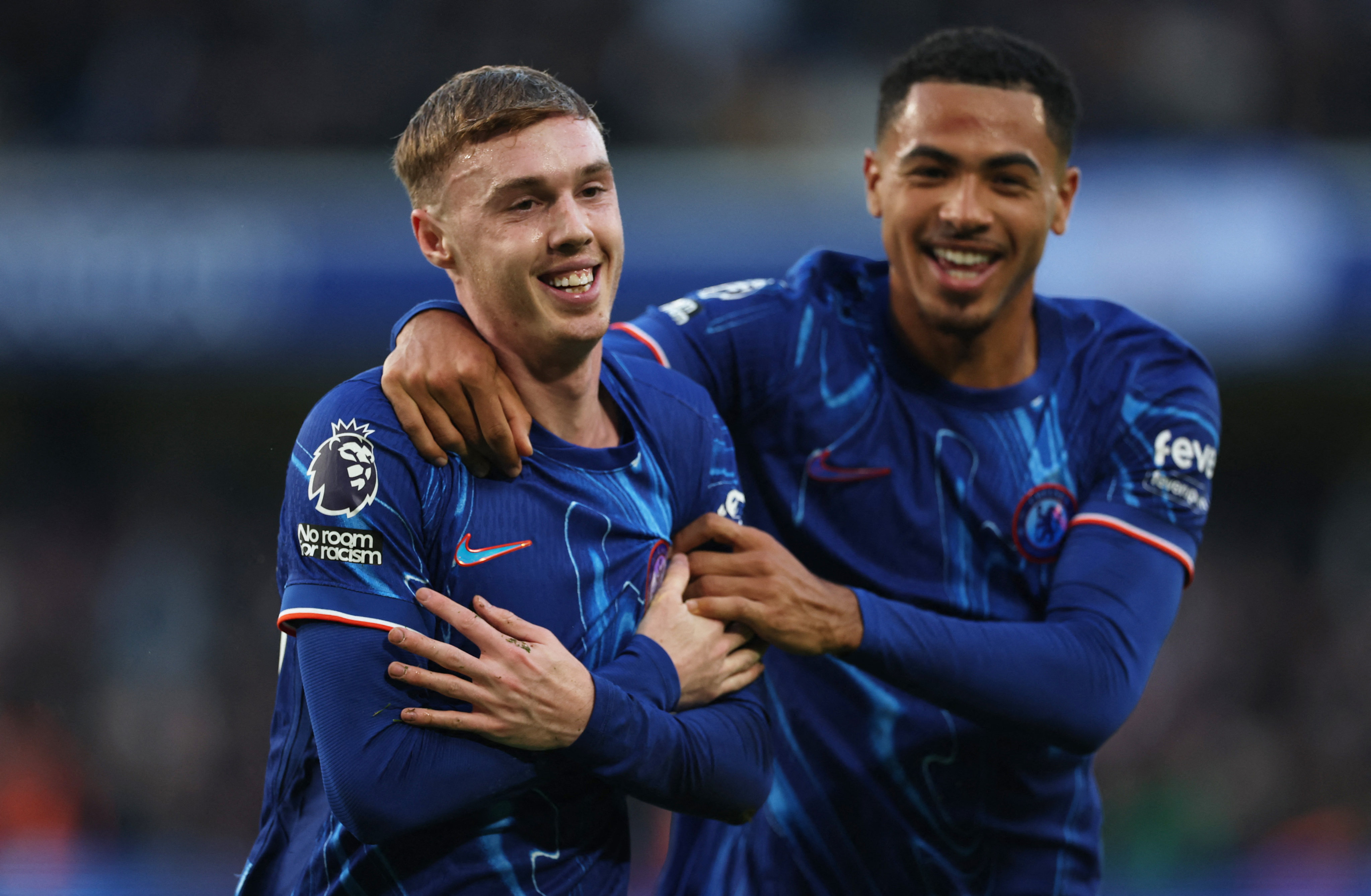 Cole Palmer (left) celebrates scoring Chelsea’s third goal in their 3-0 win over Aston Villa with defender Levi Colwill. Together with striker Nicolas Jackson, they scored a total of 26 points. Photo: Reuters