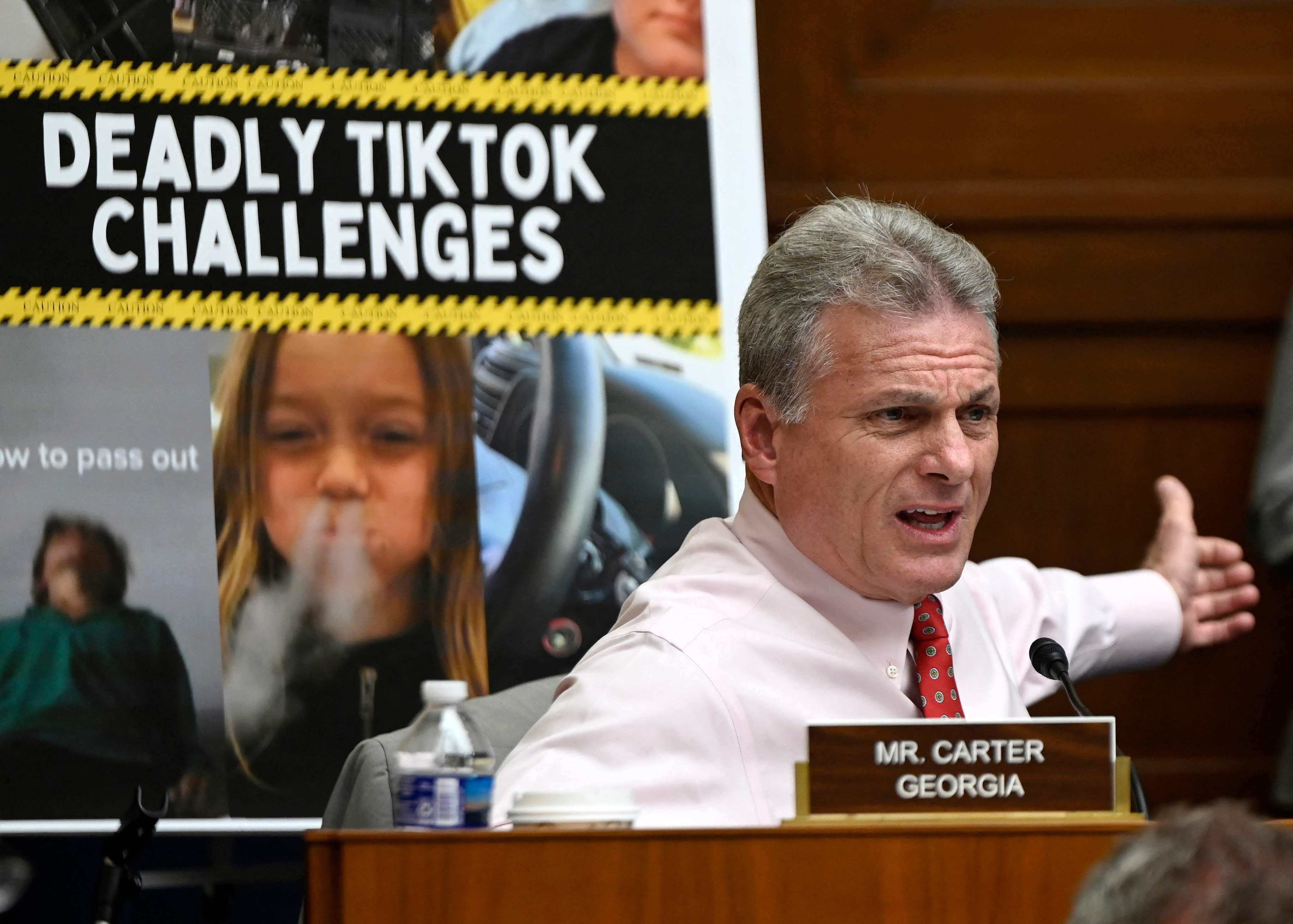 US politician Buddy Carter questions TikTok CEO Chew Shou Zi during a hearing on Capitol Hill in Washington on March 23, 2023. Amid alarm over the systemic dysfunction of the US tech sector,  the federal government’s highest-profile effort to rein in Big Tech has centred on TikTok. Photo: Getty Images via AFP