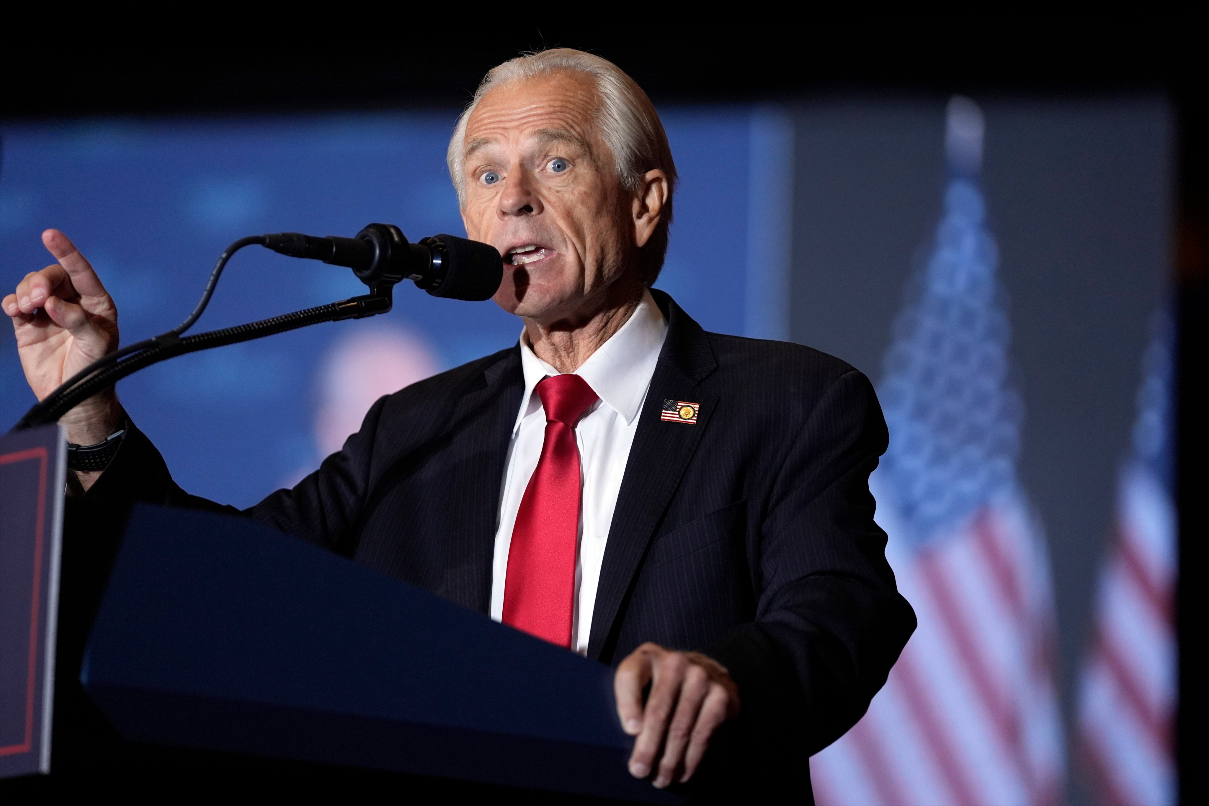 Peter Navarro speaks before Donald Trump takes the stage at a campaign event in Concord, New Hampshire, on October 21, 2024. Photo: AP