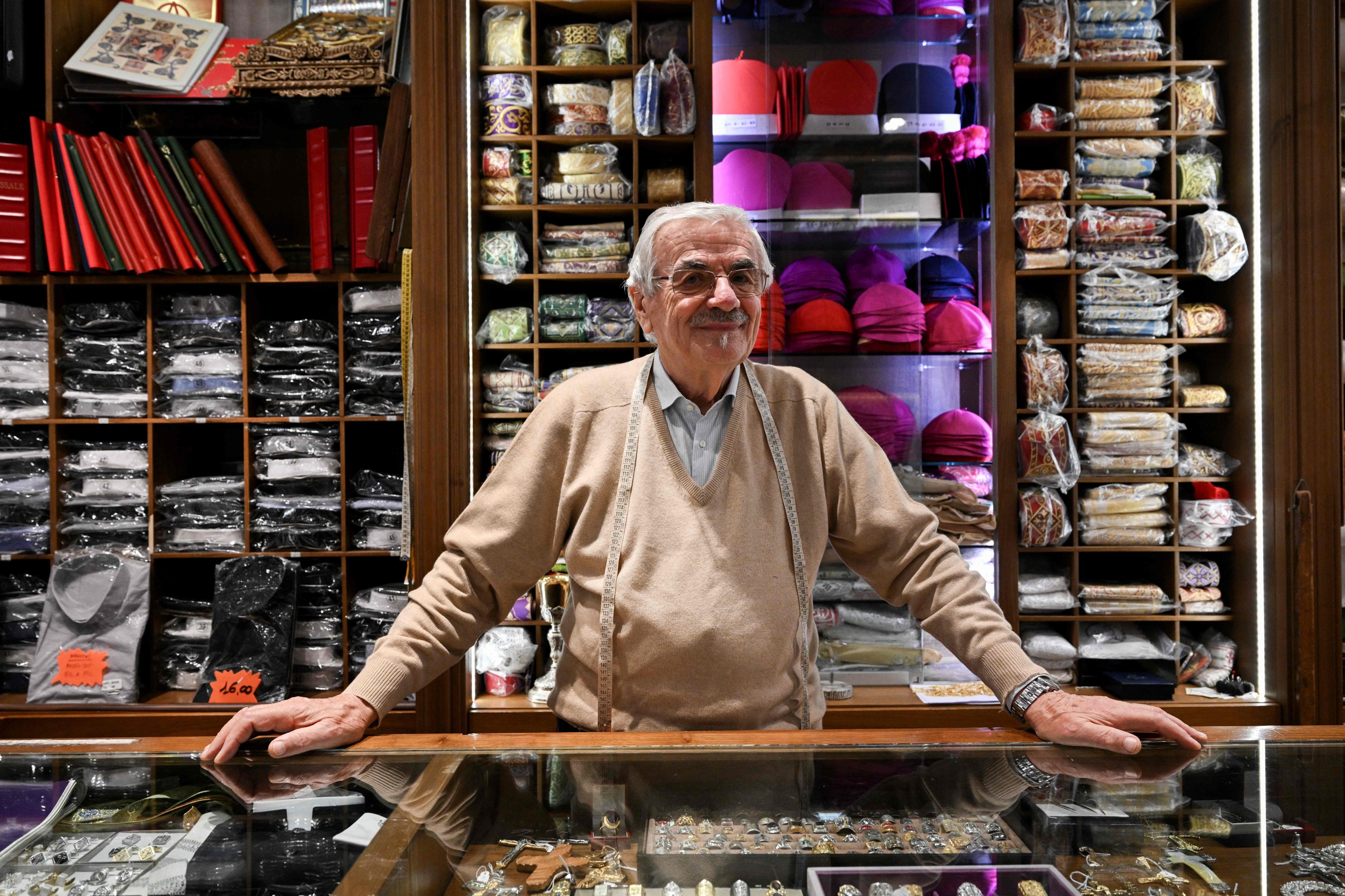 One of the last ecclesiastical tailors in Rome, Raniero Mancinelli has made cassocks, collars and robes for generations of clergymen, including three popes and some of the new cardinals Pope Francis will appoint on December 7, 2024. Photo: AFP