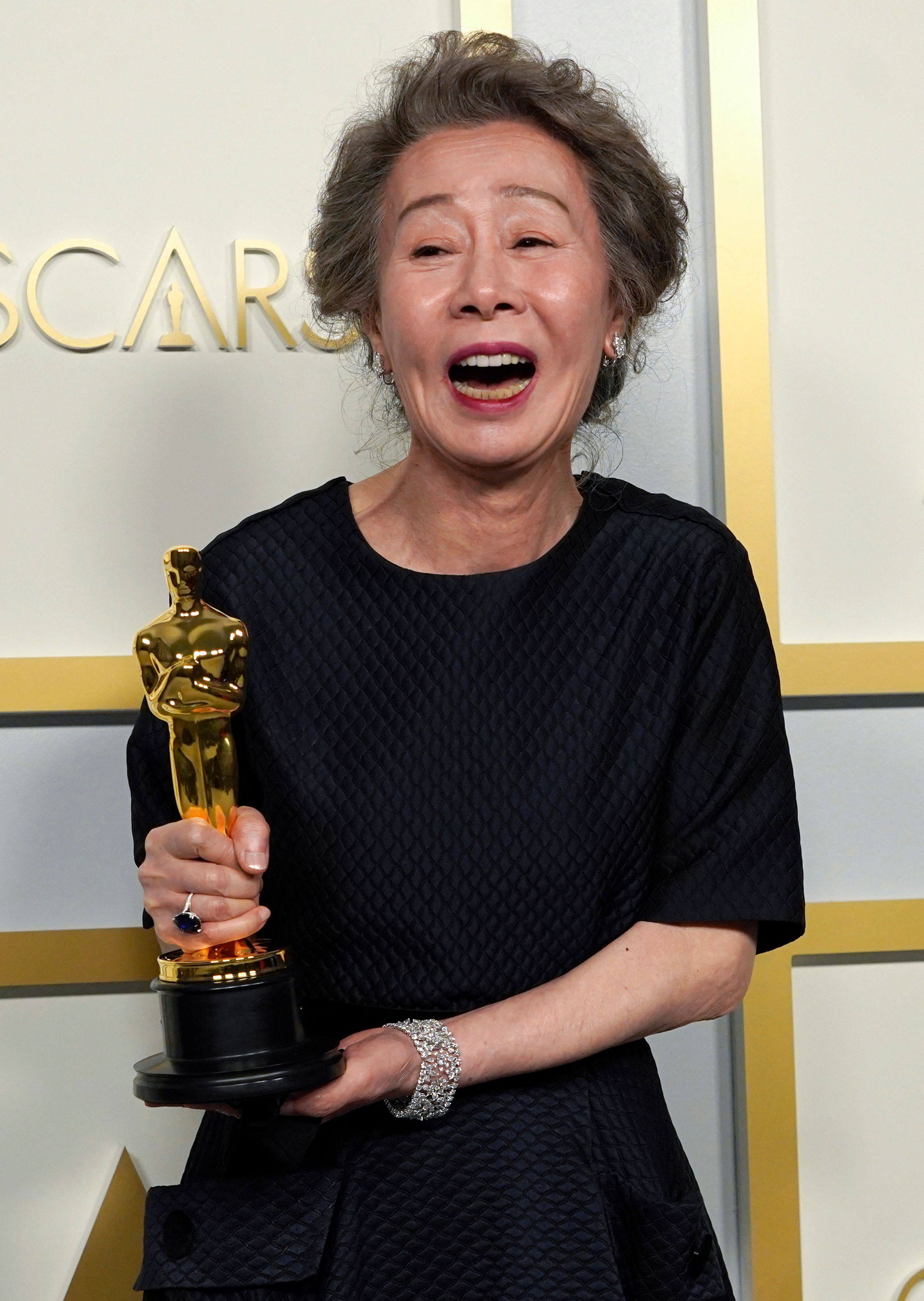 Youn Yuh-jung backstage at the 2021 Oscars ceremony, where she won for  best actress in a supporting role for Minari. Photo: AFP